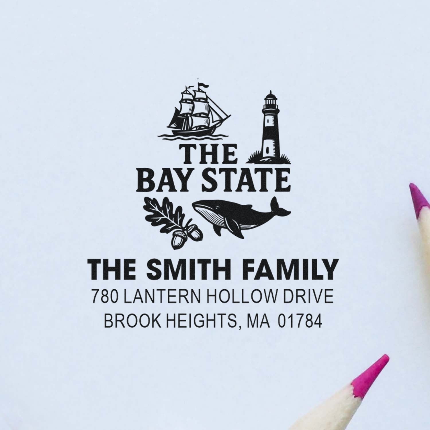 Custom Bay State address rubber stamp with lighthouse, ship, whale and oak leaf design for The Smith Family, Brook Heights, MA.