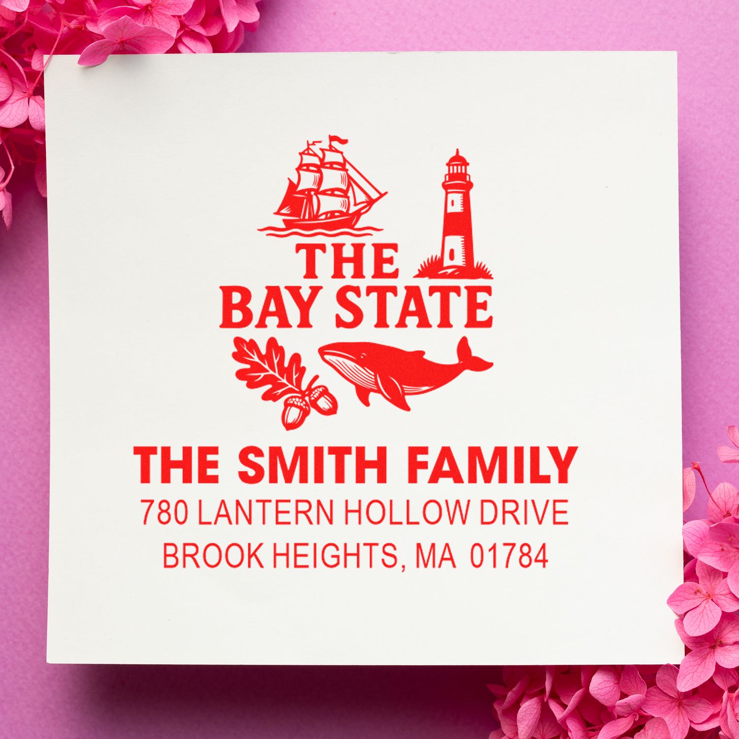 Custom return address rubber stamp for The Smith Family, with Bay State icons and Brook Heights, MA personalized mail design.