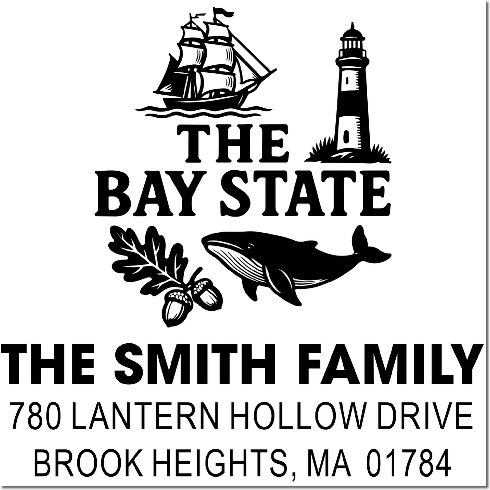 Custom Bay State family return address rubber stamp with ship, lighthouse, whale, and oak leaf design.
