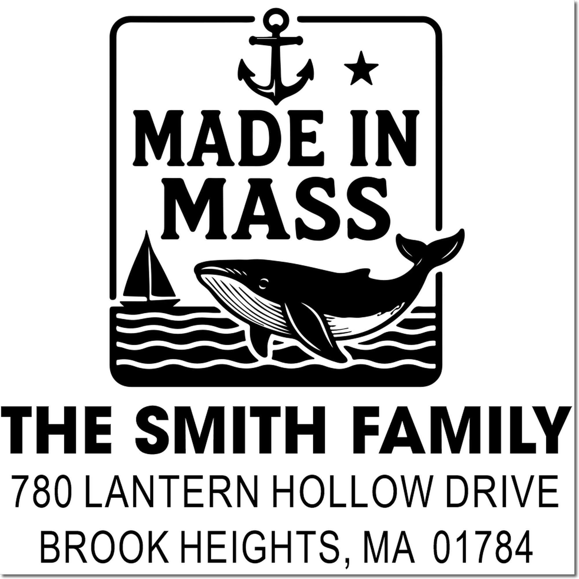 Custom nautical return address rubber stamp for The Smith Family, featuring whale, anchor and sailboat design, Brook Heights, MA.