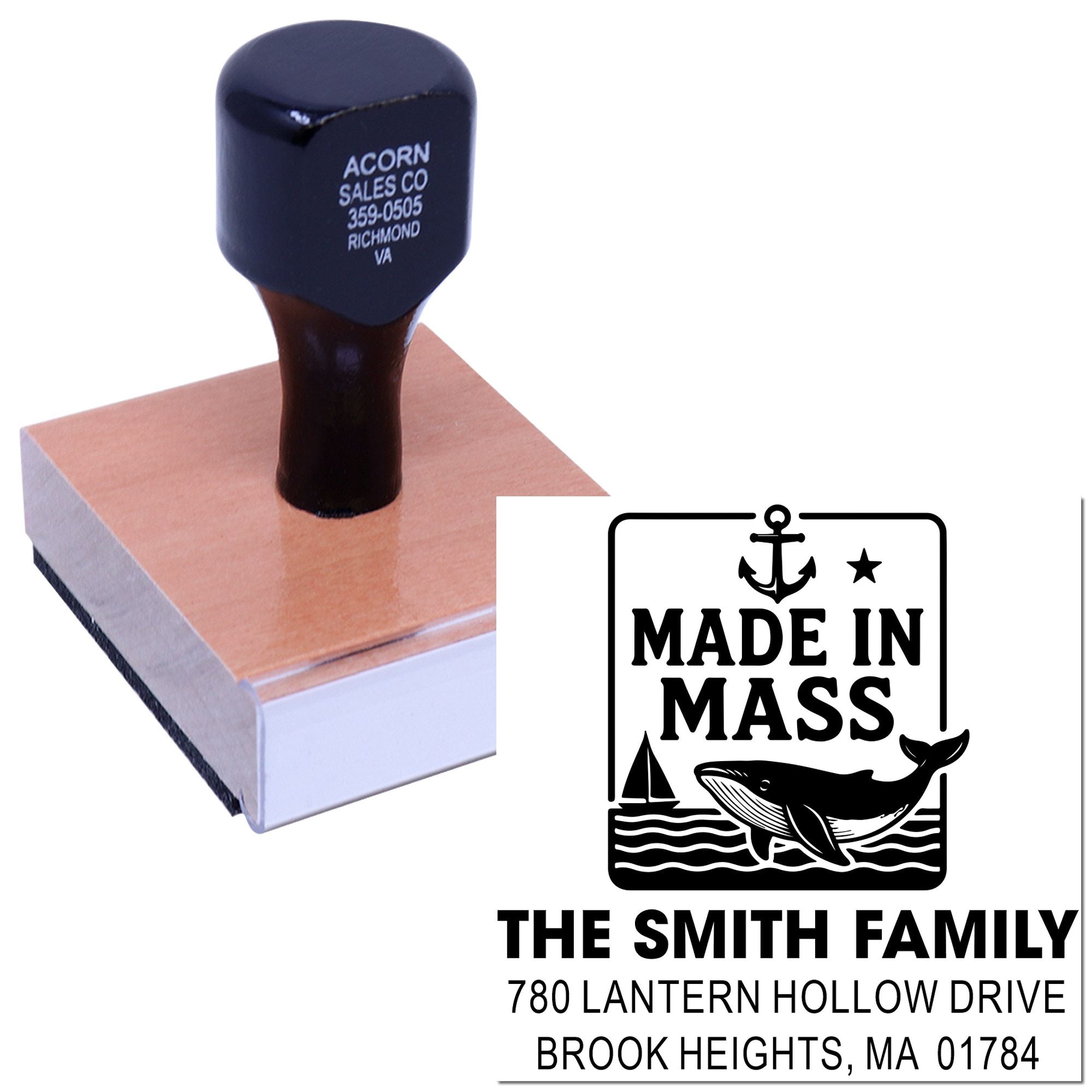 Custom Massachusetts rubber stamp with Made in Mass whale design and family address imprint for personalized mail.