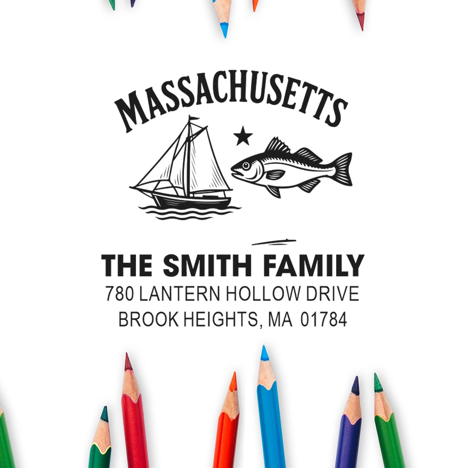 Custom Massachusetts return address rubber stamp for The Smith Family, featuring sailboat and fish design.