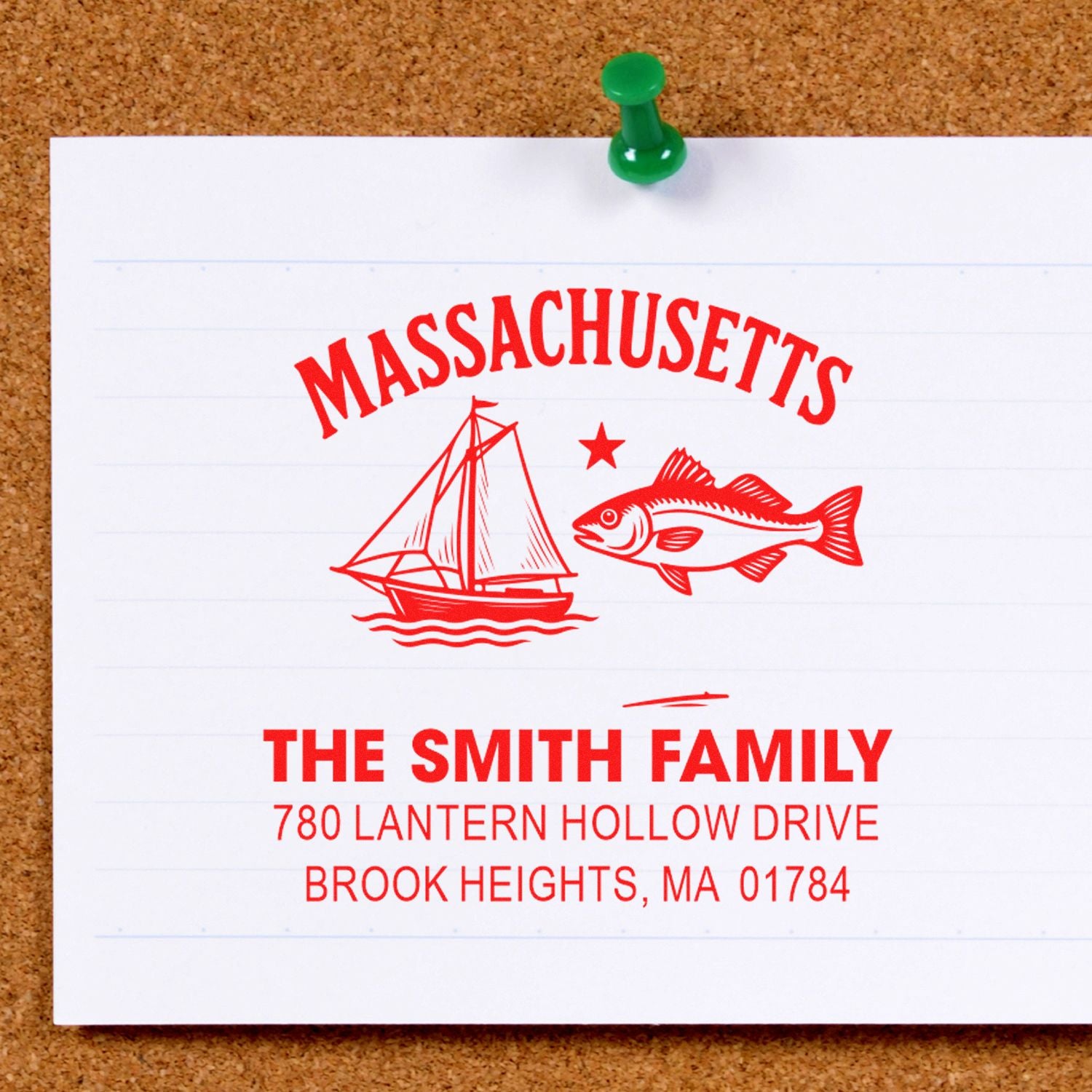 Custom return address rubber stamp with Massachusetts sailboat and fish design for The Smith Family in Brook Heights, MA.