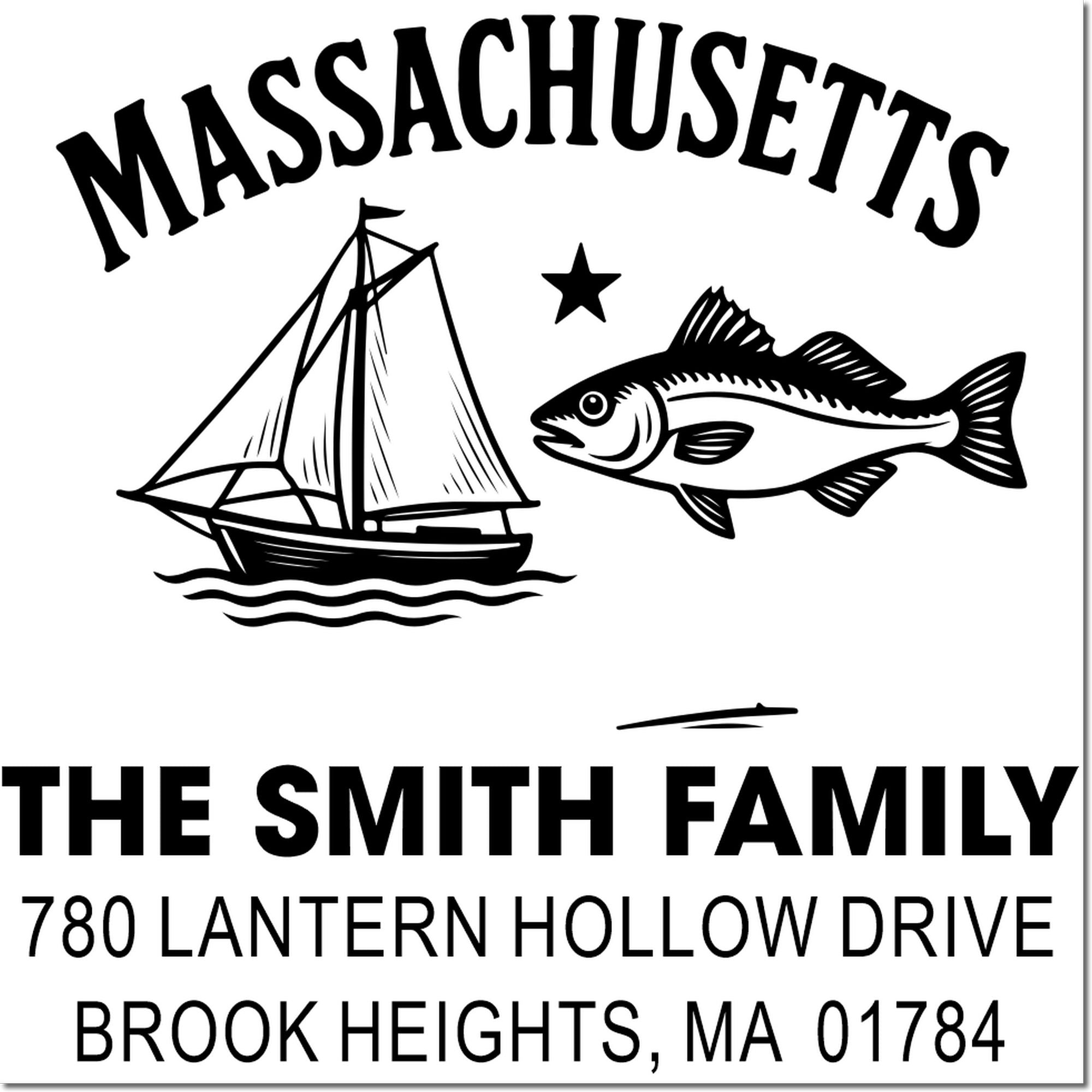 Custom Massachusetts return address rubber stamp with sailboat and fish, featuring The Smith Family and Brook Heights, MA.