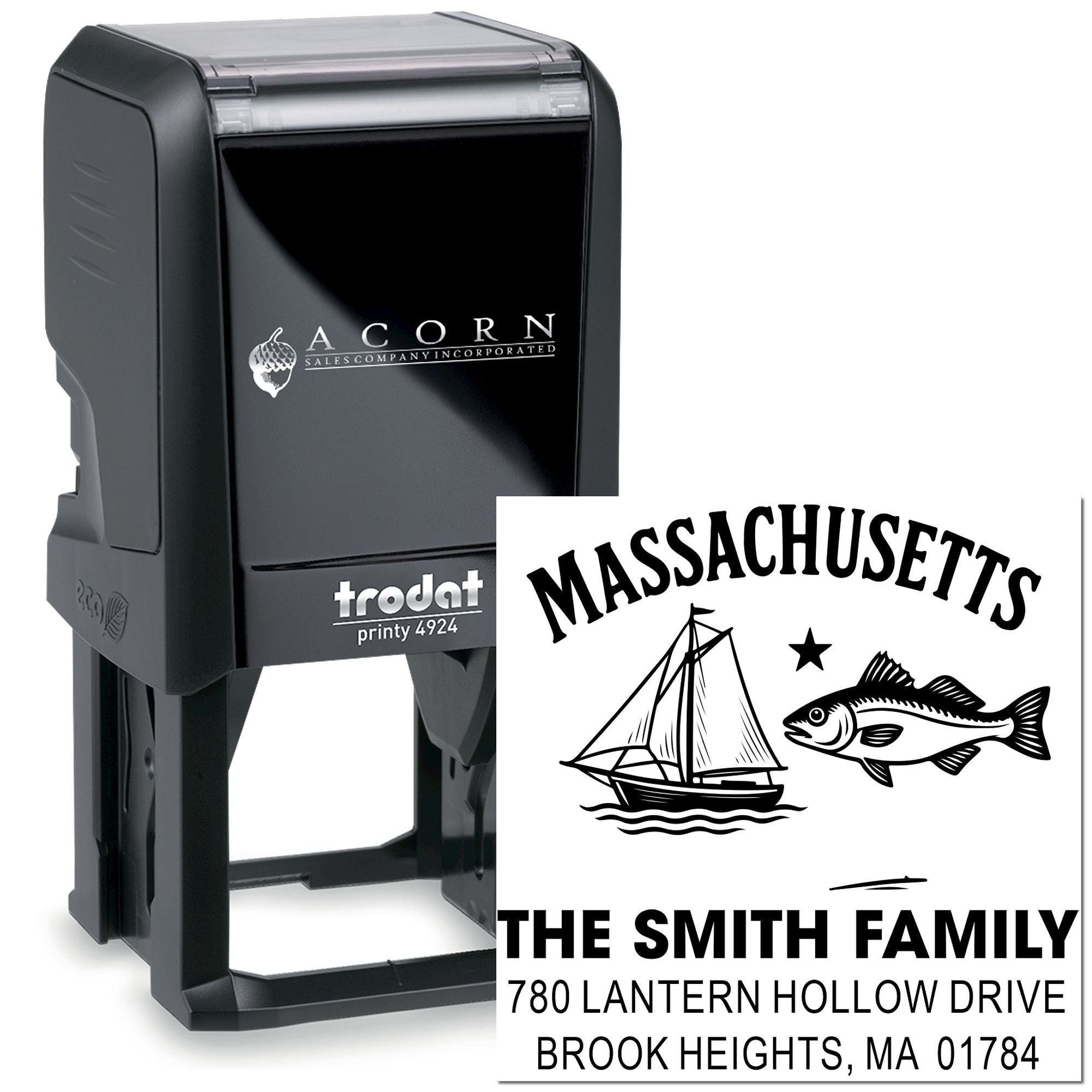 Custom self-inking rubber stamp with Massachusetts family address design for personalized mail, branding, and return addresses.