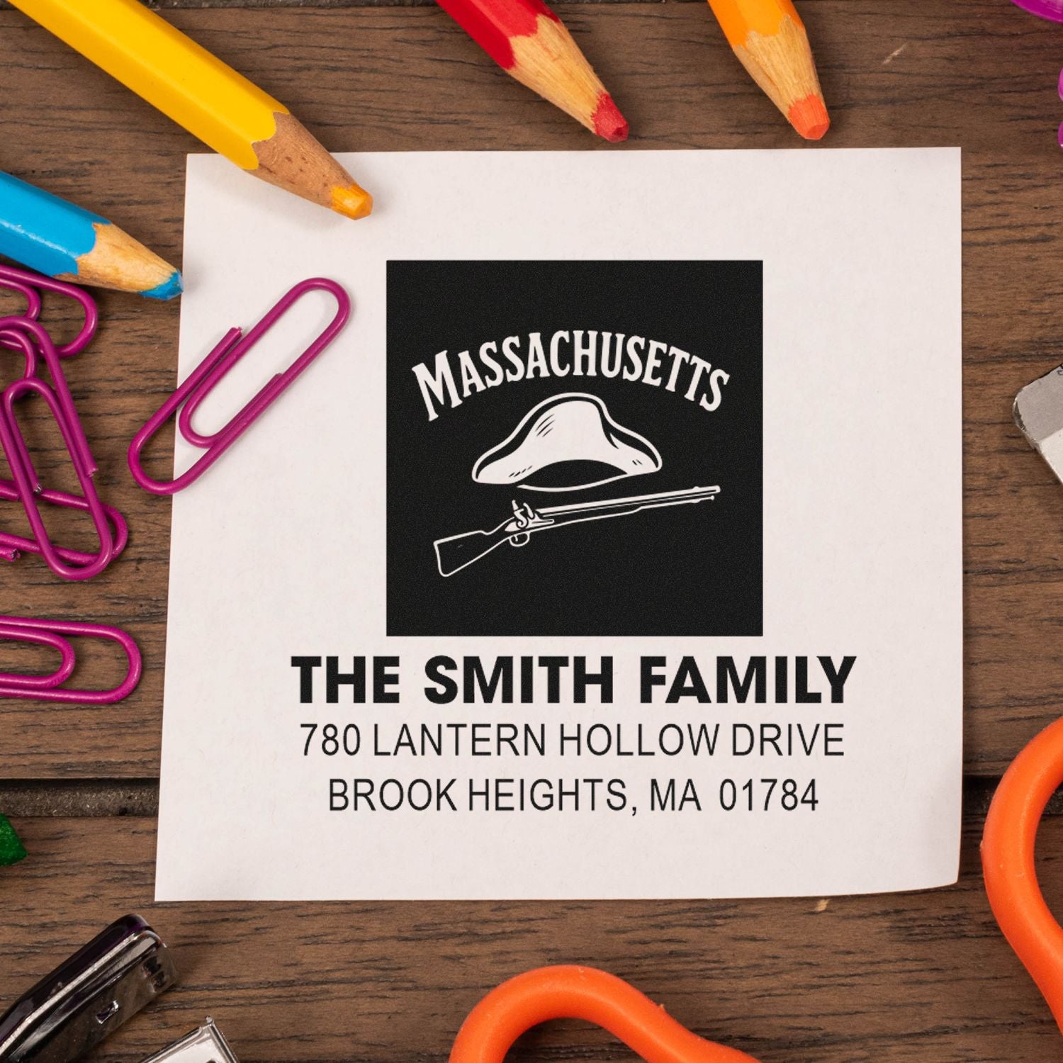 Custom Massachusetts family return address rubber stamp with hunting rifle design for personalized mailing labels.