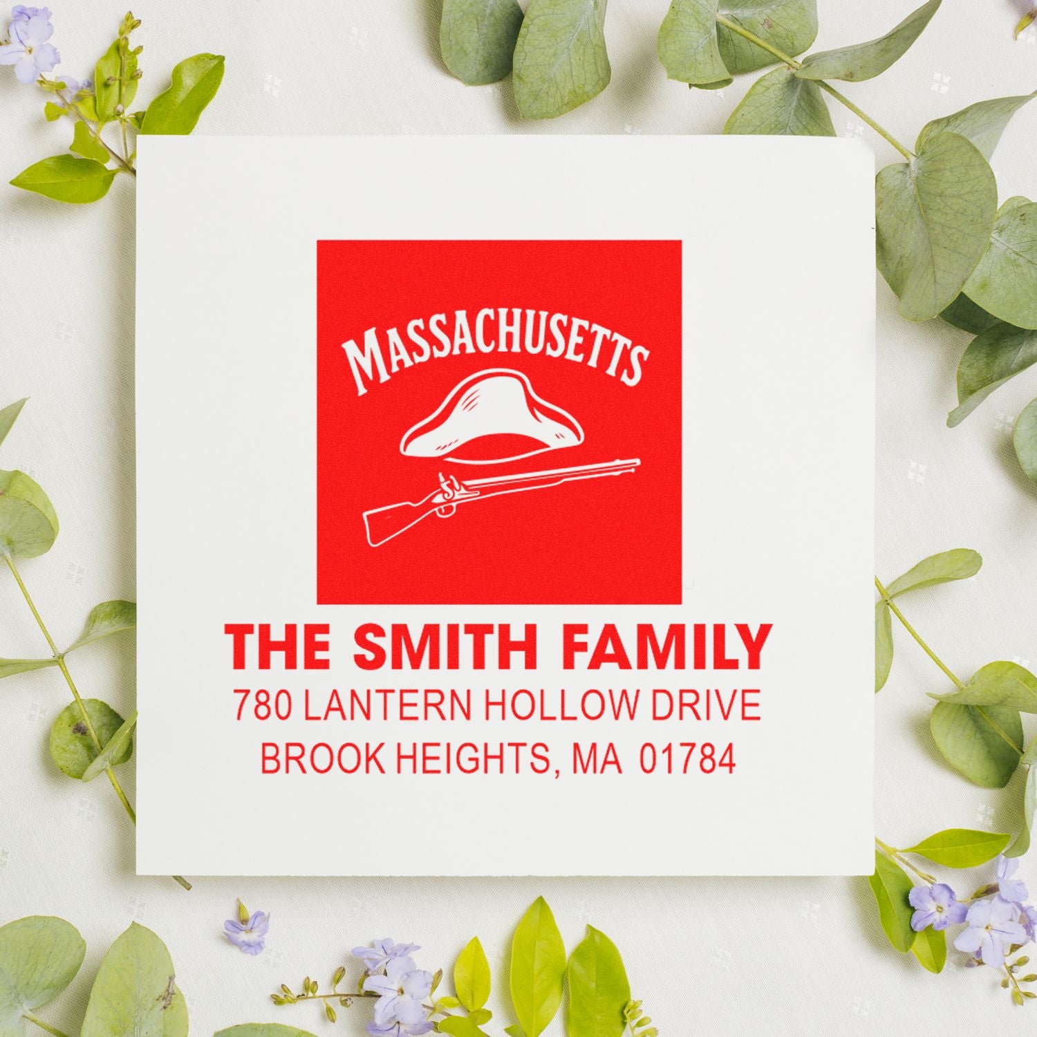 Custom Massachusetts family return address rubber stamp with The Smith Family and Brook Heights, MA address.