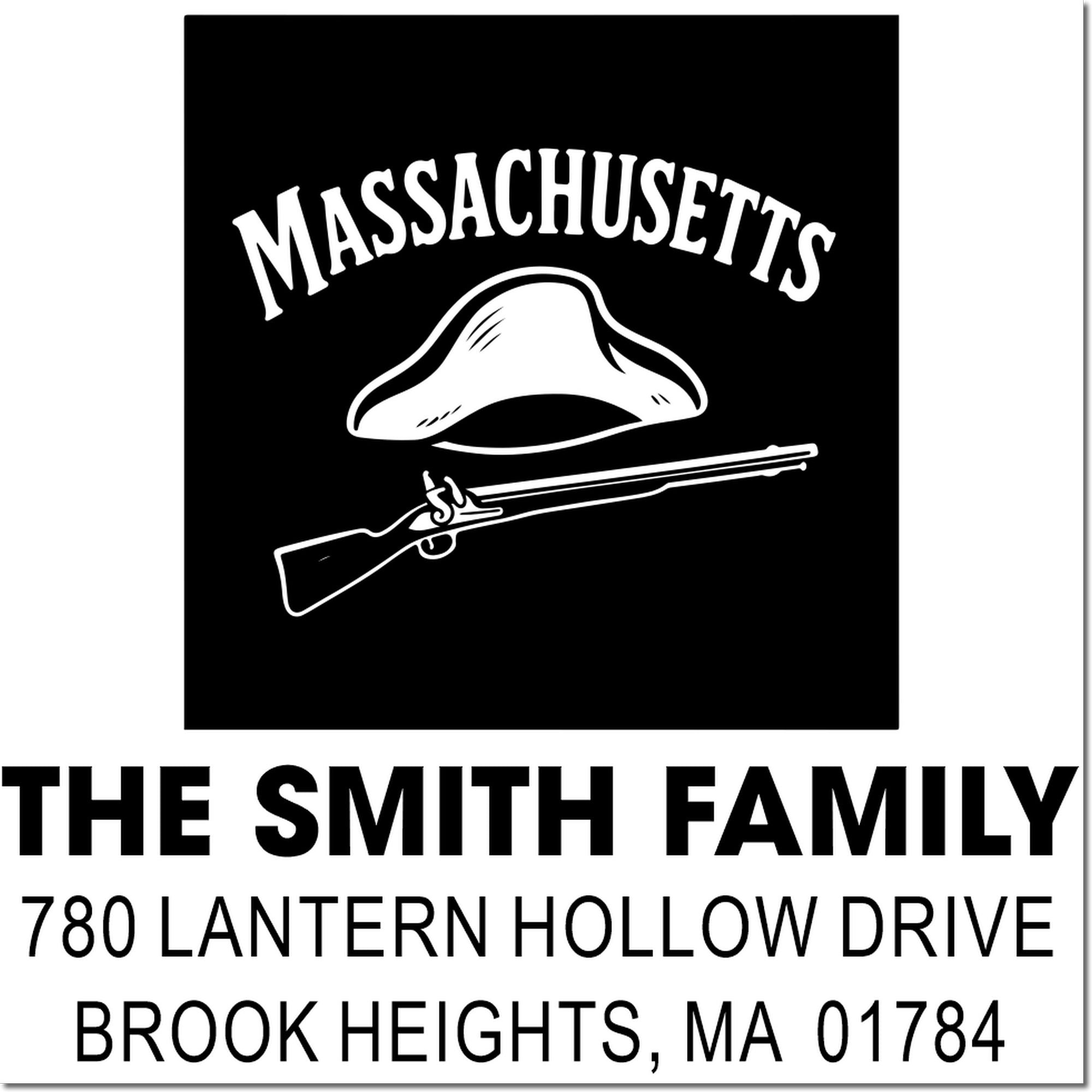 Massachusetts custom rubber stamp for The Smith Family return address with hunting rifle logo, Brook Heights, MA 01784