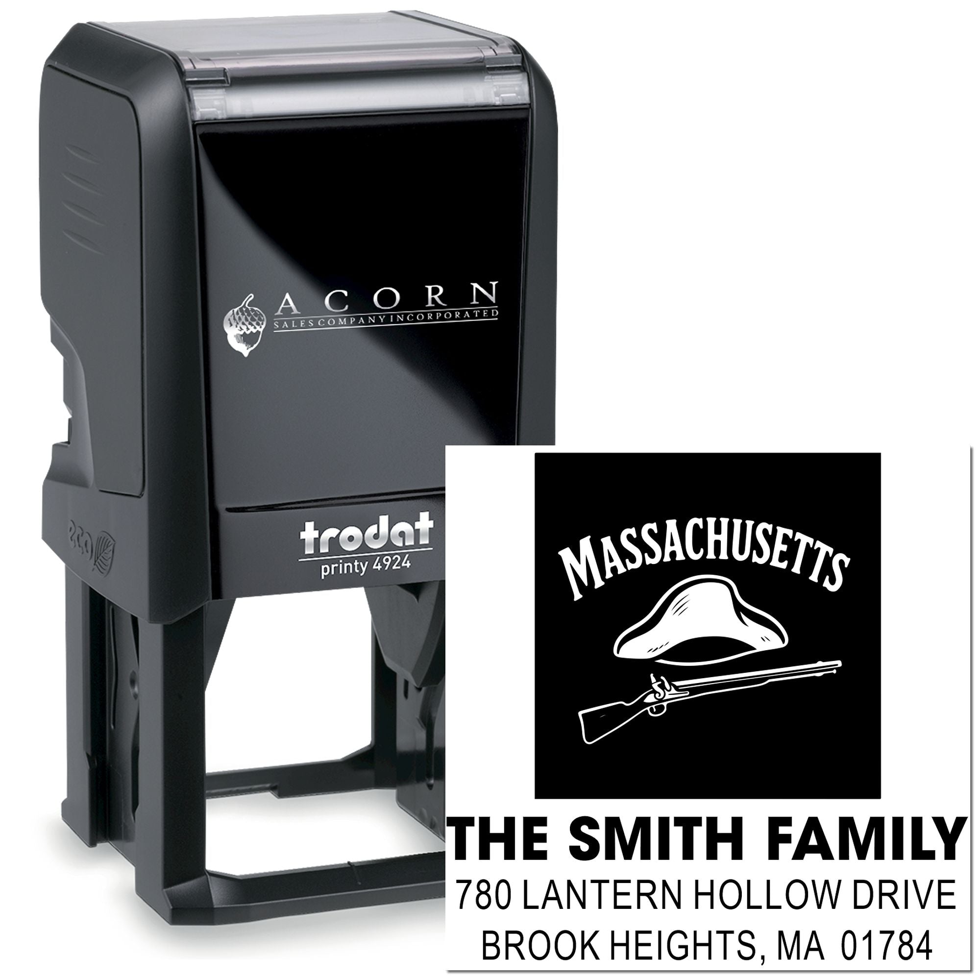 Custom self-inking address rubber stamp for The Smith Family in Brook Heights, MA with Massachusetts hunting design