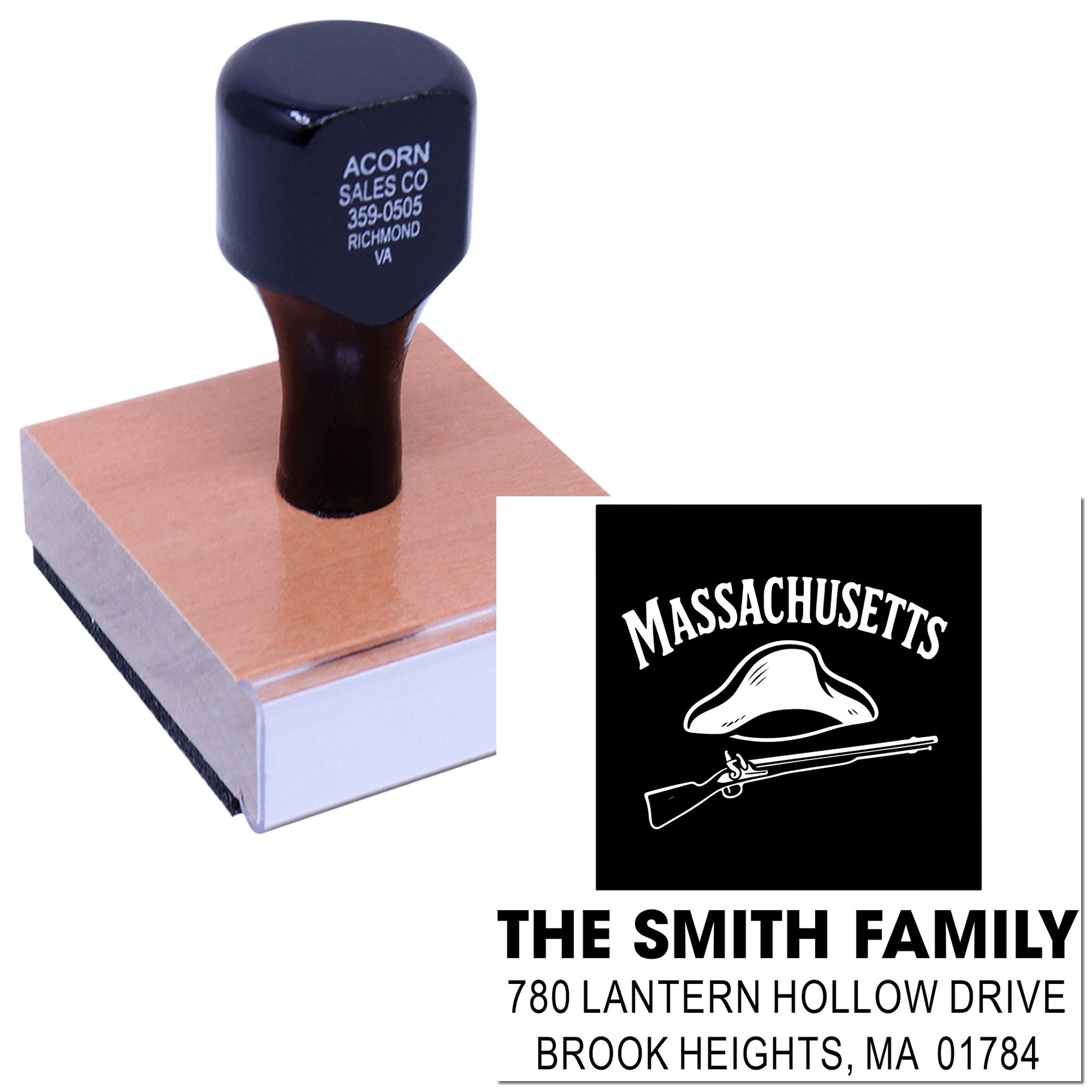 Personalized rubber stamp for family return address with Massachusetts hunting-themed design