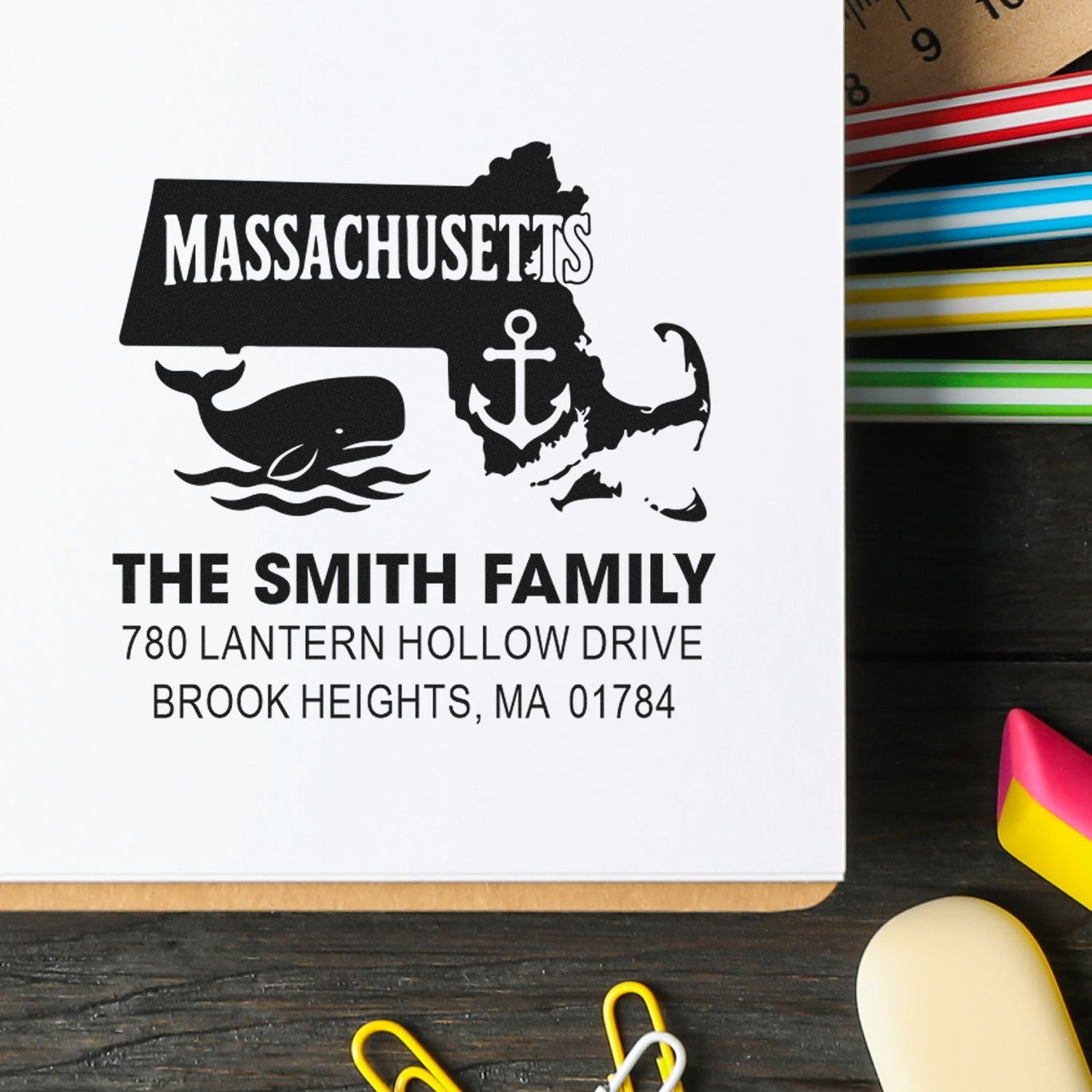 Custom Massachusetts return address rubber stamp for The Smith Family with whale and anchor design.