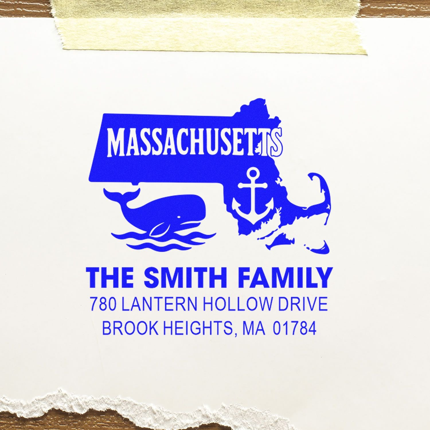 Custom Massachusetts return address rubber stamp featuring whale, anchor, and The Smith Family address.