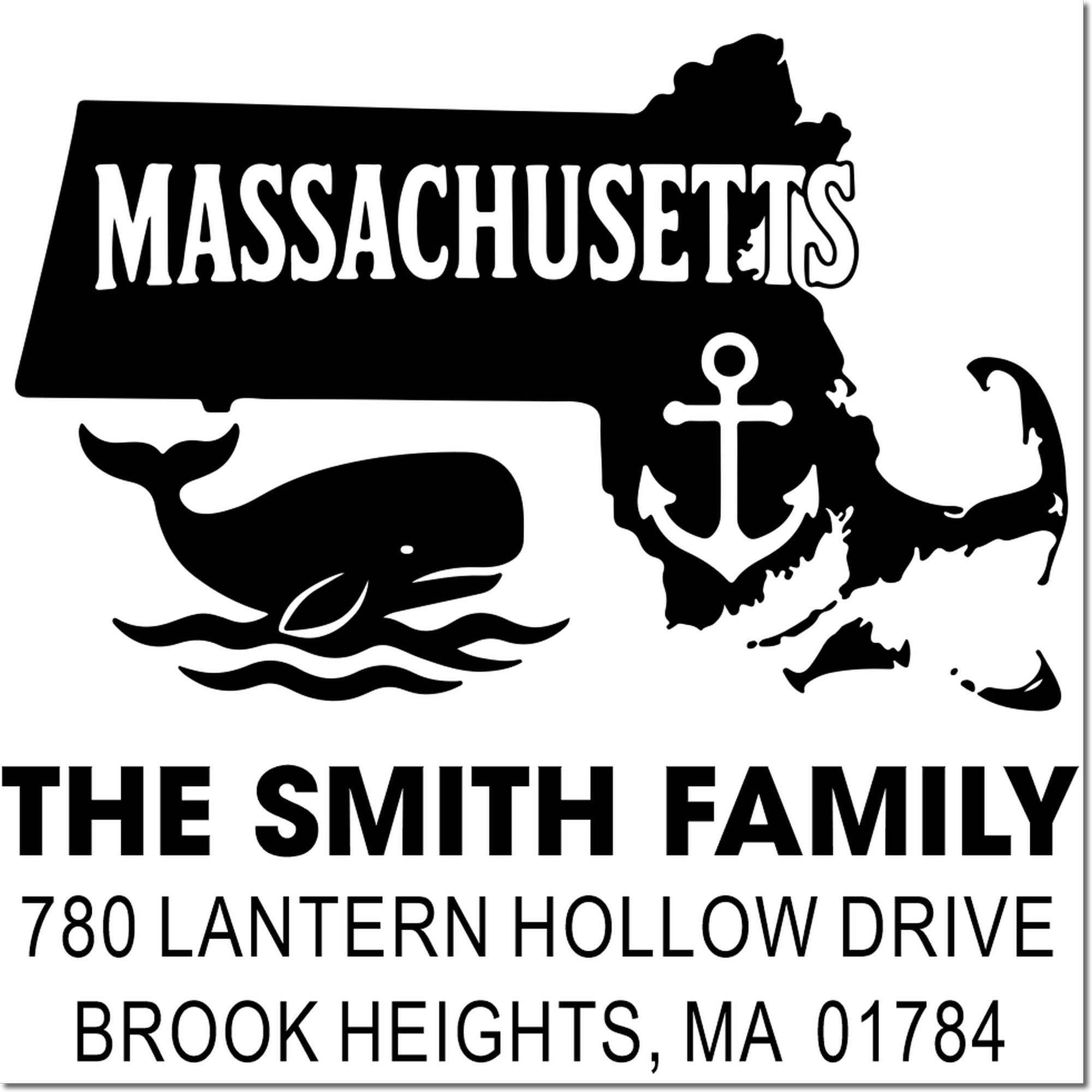 Massachusetts return address rubber stamp with whale and anchor design for The Smith Family, Brook Heights, MA 01784.