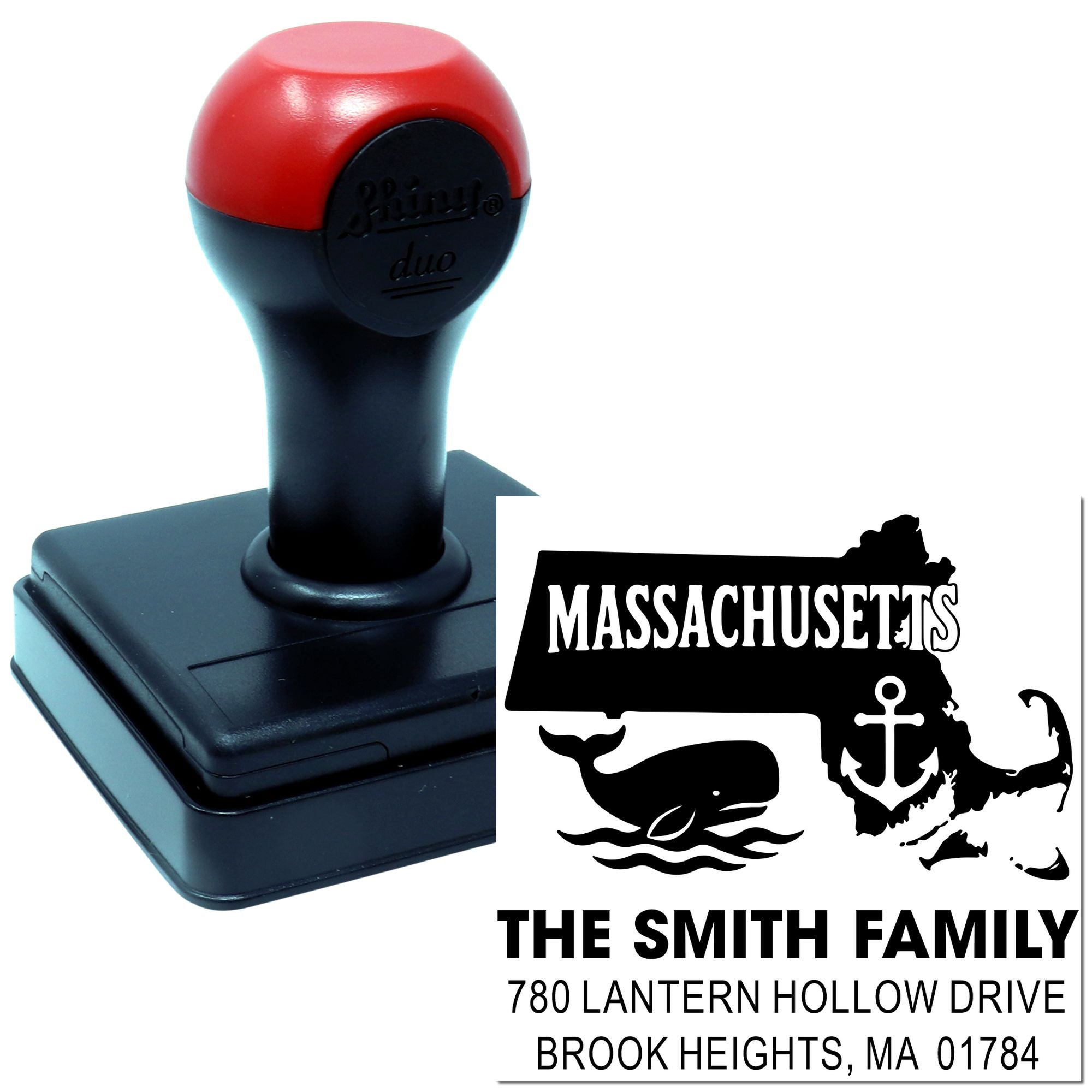 Custom Massachusetts self-inking rubber stamp with Smith family name and address for personalized return address labeling.