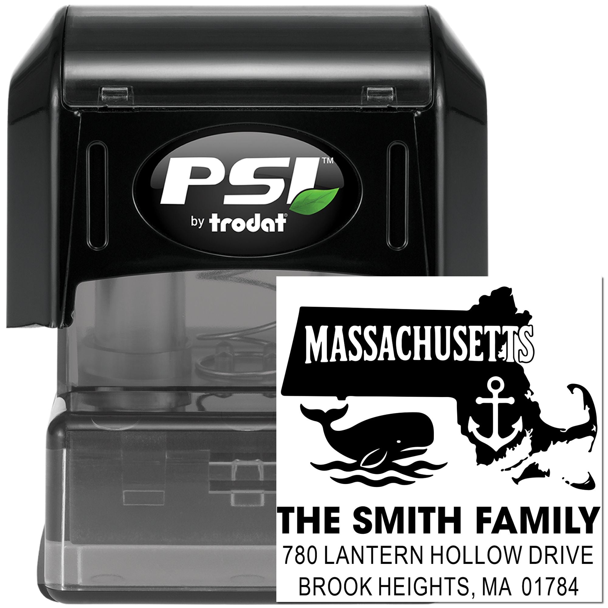 Custom self-inking rubber address stamp for The Smith Family, featuring Massachusetts, whale, and anchor design.