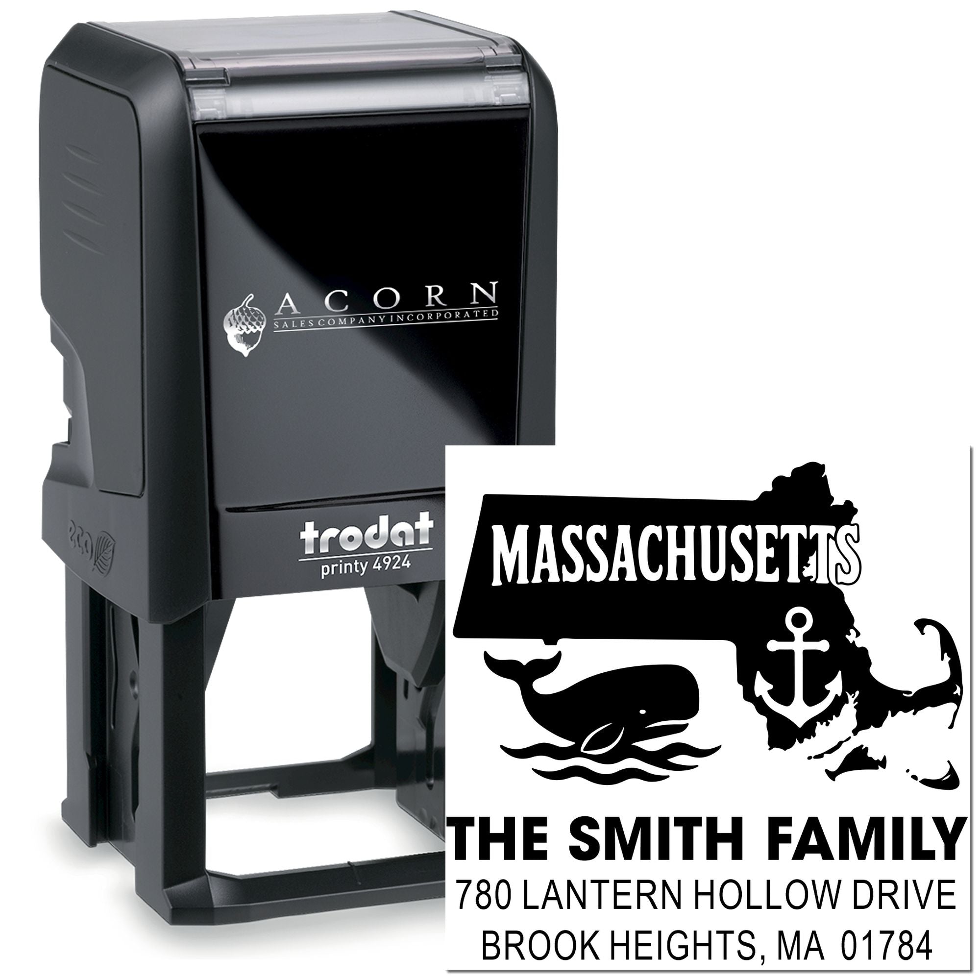 Custom self-inking rubber stamp with Massachusetts whale design, The Smith Family address, and Brook Heights, MA.