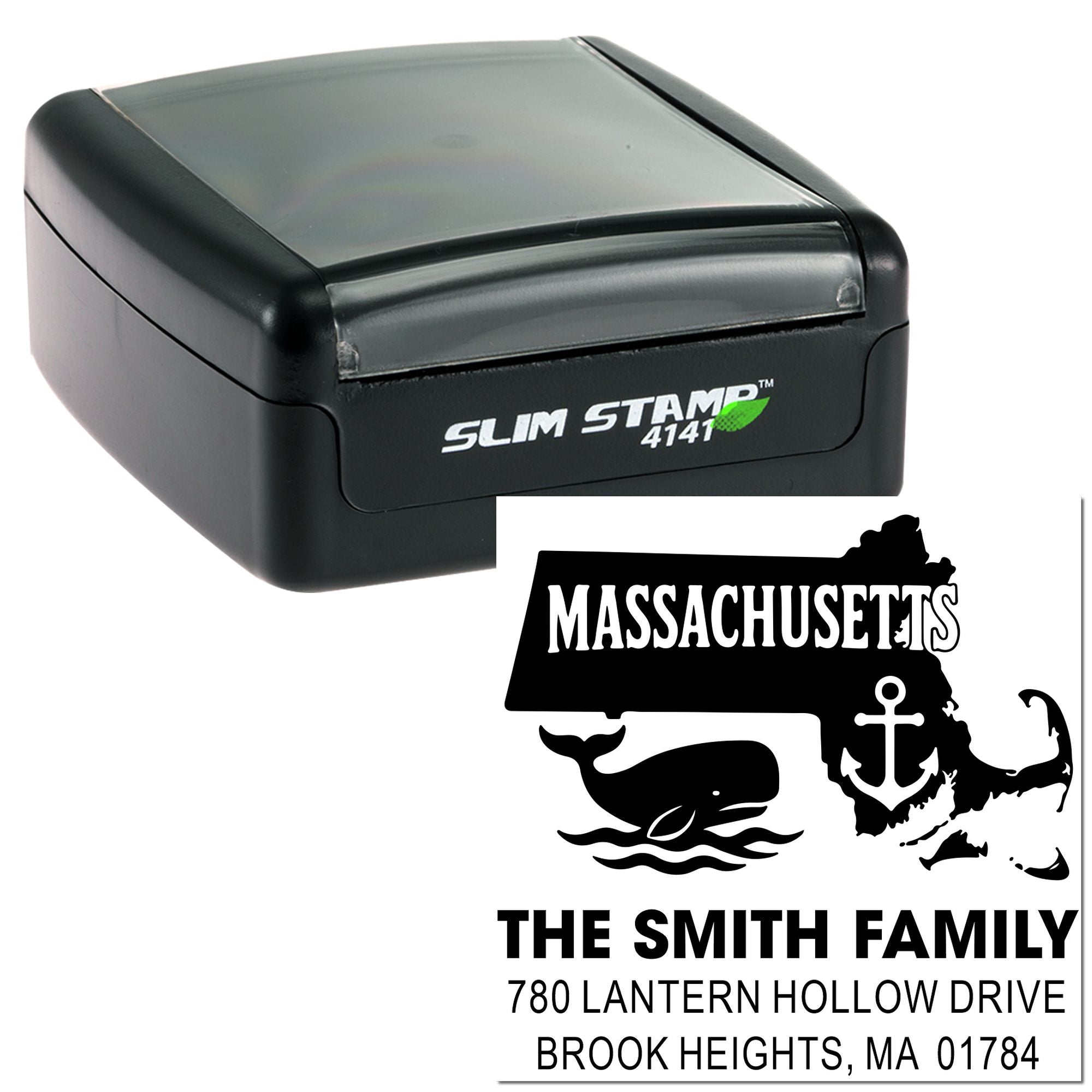 Custom self-inking rubber stamp with Massachusetts return address design for family mailing labels.