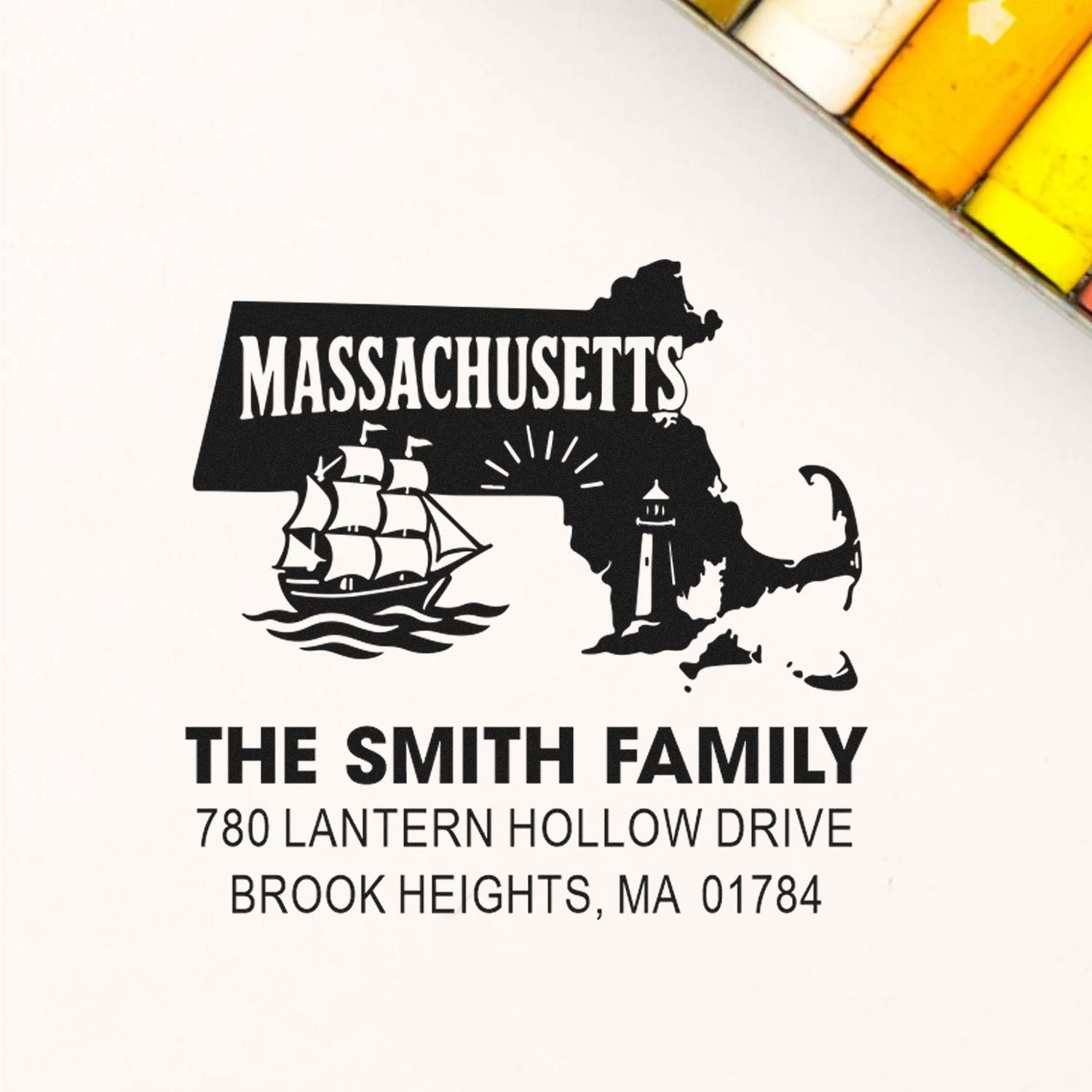 Custom Massachusetts return address rubber stamp with sailboat and lighthouse for The Smith Family, Brook Heights, MA.