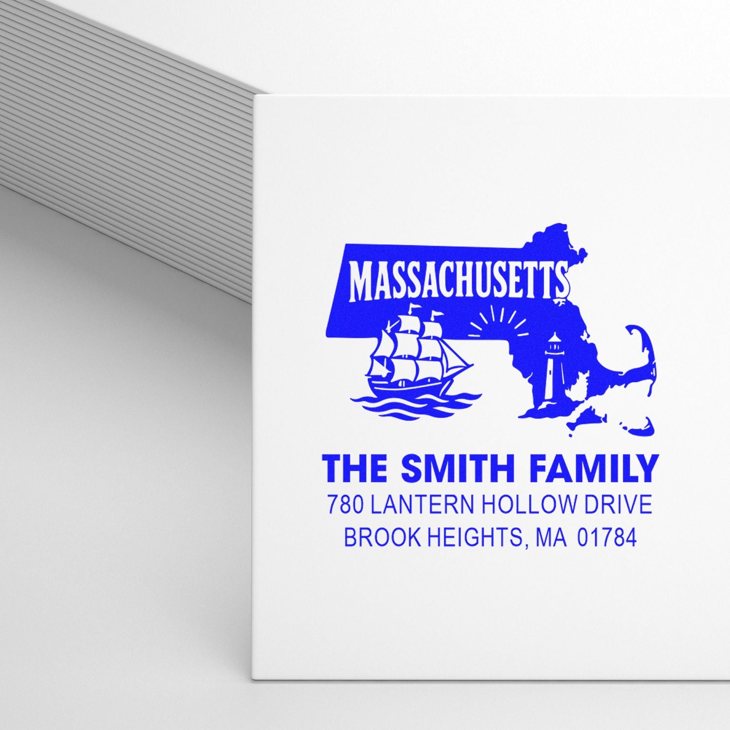 Custom Massachusetts return address rubber stamp for The Smith Family, featuring Brook Heights, MA 01784.