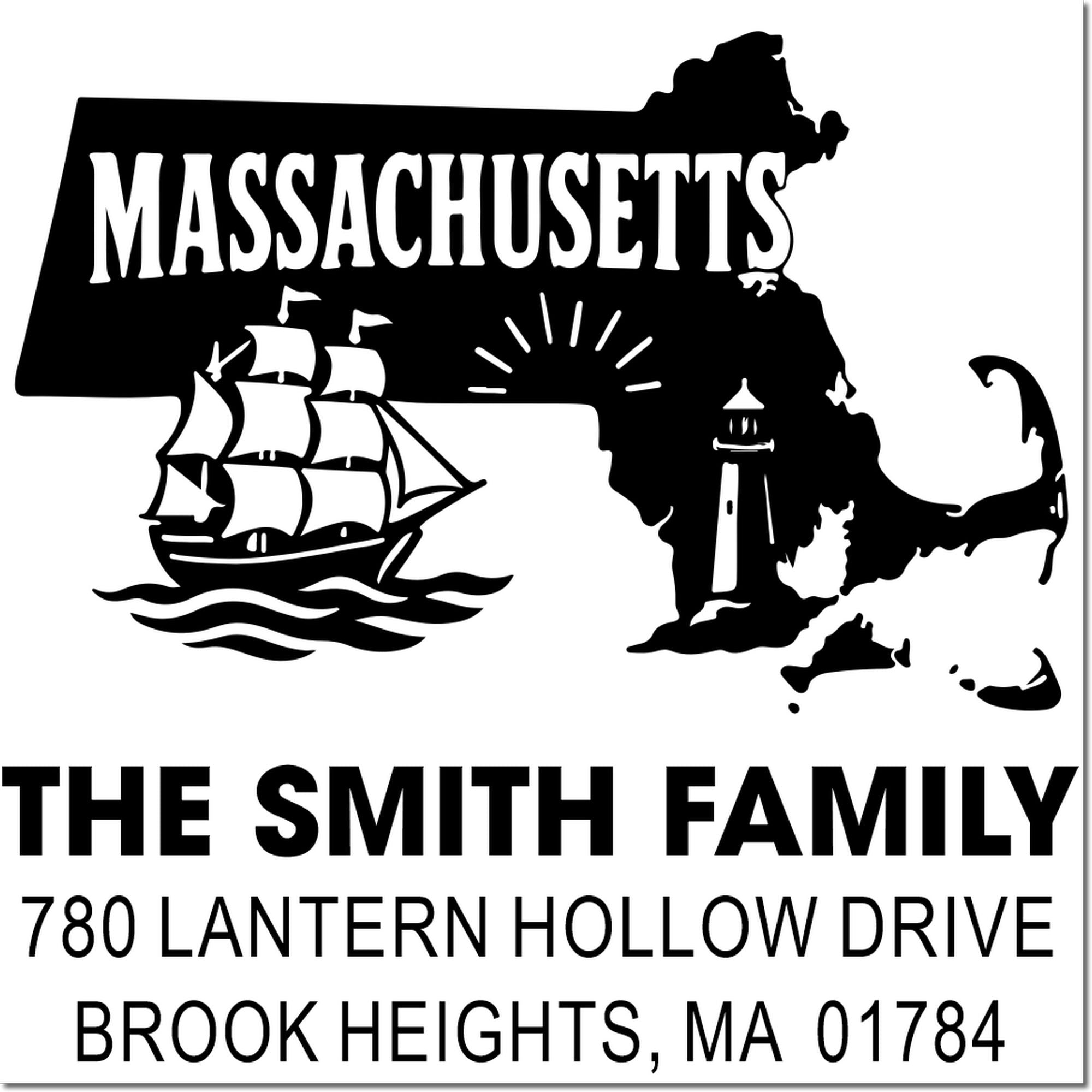 Custom Massachusetts return address rubber stamp with ship and lighthouse for The Smith Family, Brook Heights, MA 01784.