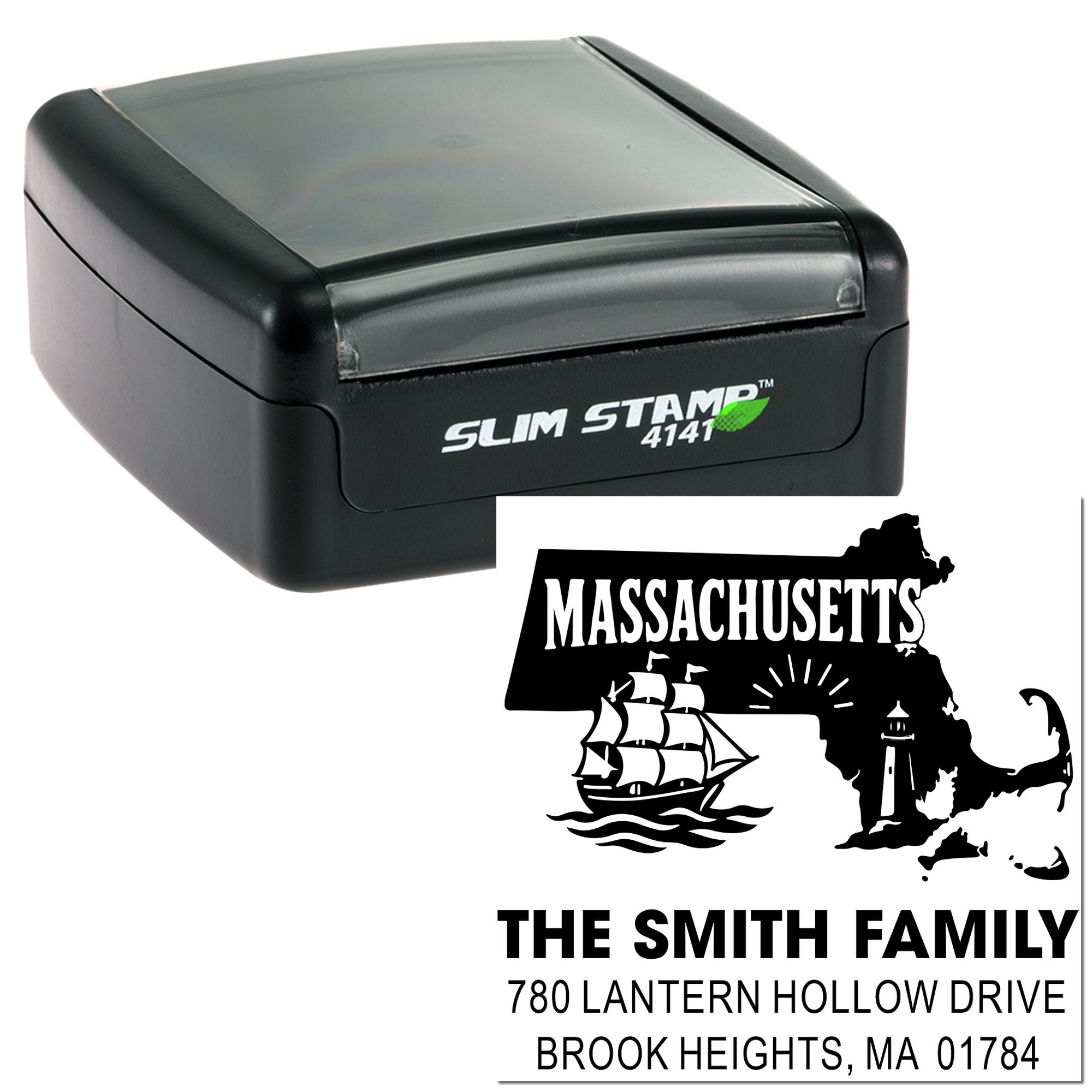 Personalized Massachusetts address rubber stamp with self-inking Slim Stamp 4141 and The Smith Family imprint.