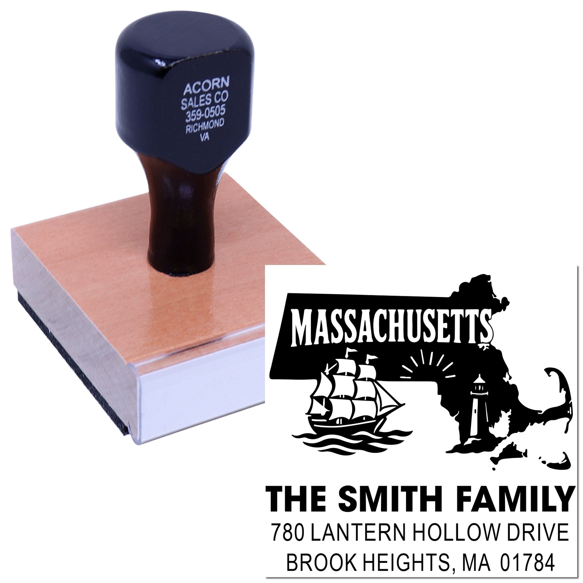 Custom Massachusetts return address rubber stamp with family name, state graphic, and home address for personalized envelopes.