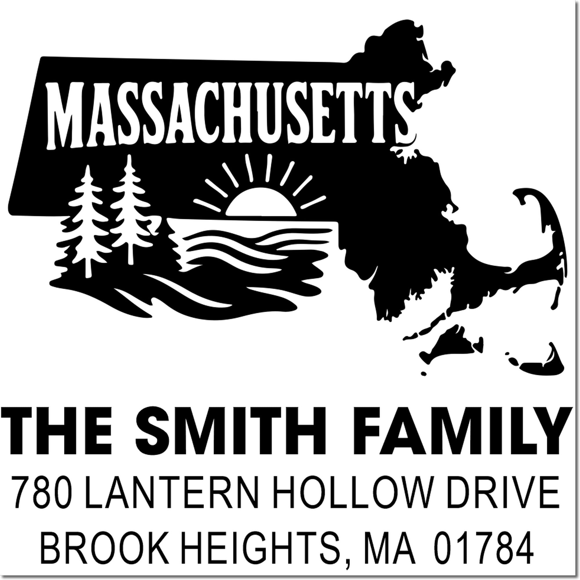 Custom Massachusetts return address rubber stamp featuring state silhouette, family name, and Brook Heights, MA address.