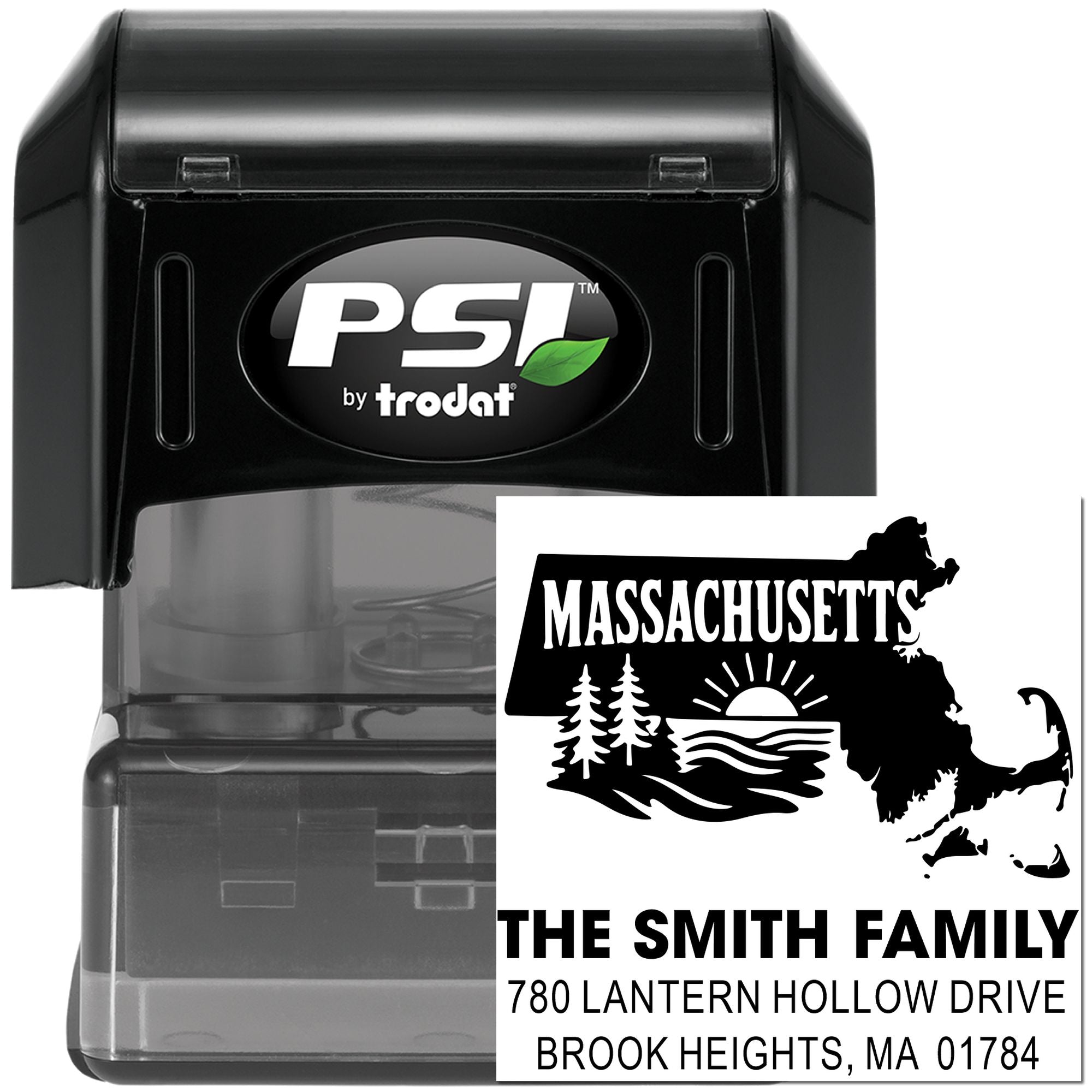 PSI by Trodat self-inking rubber stamp with custom Massachusetts family return address stamp design.
