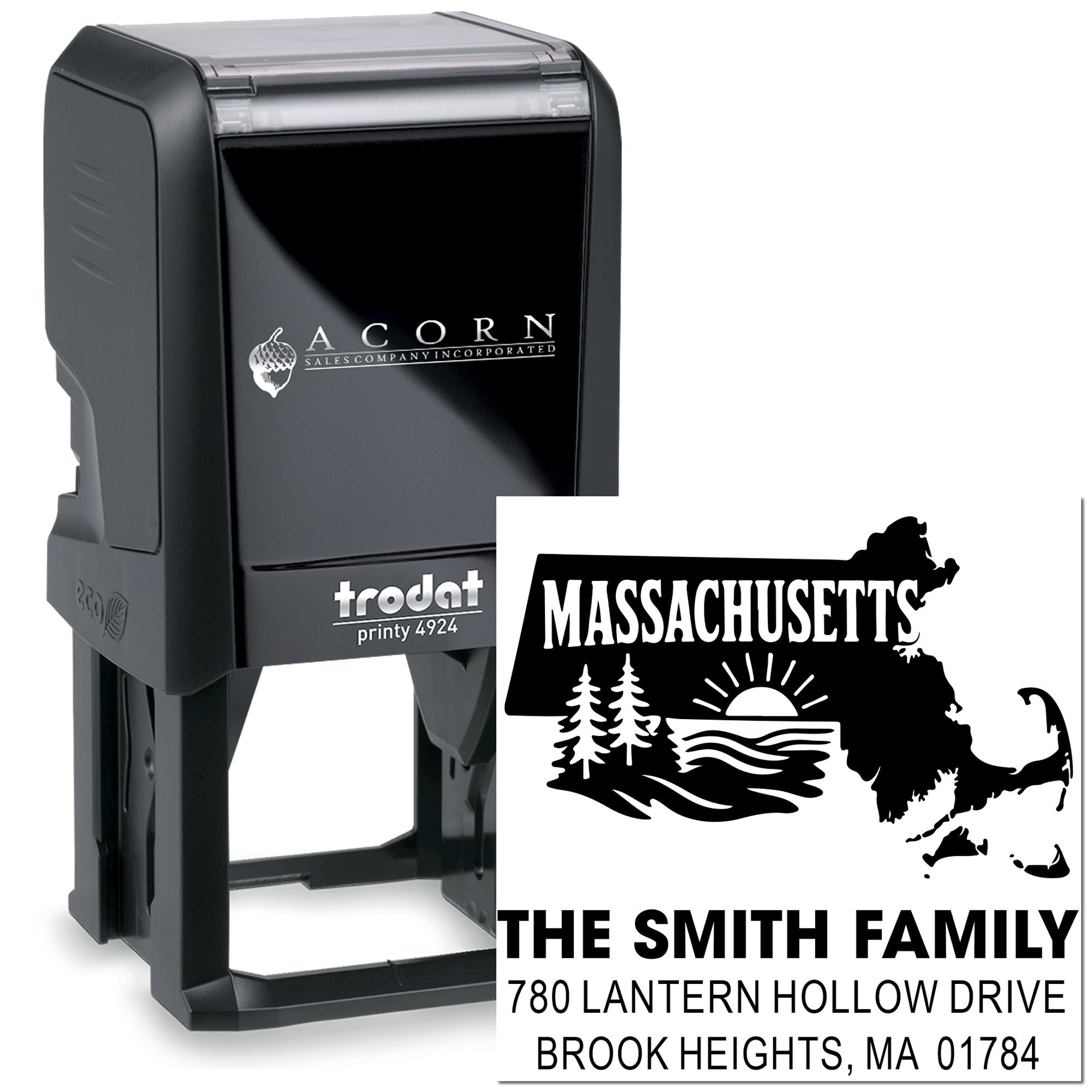 Custom self-inking rubber stamp for Massachusetts return address labels, featuring a family name and state silhouette.