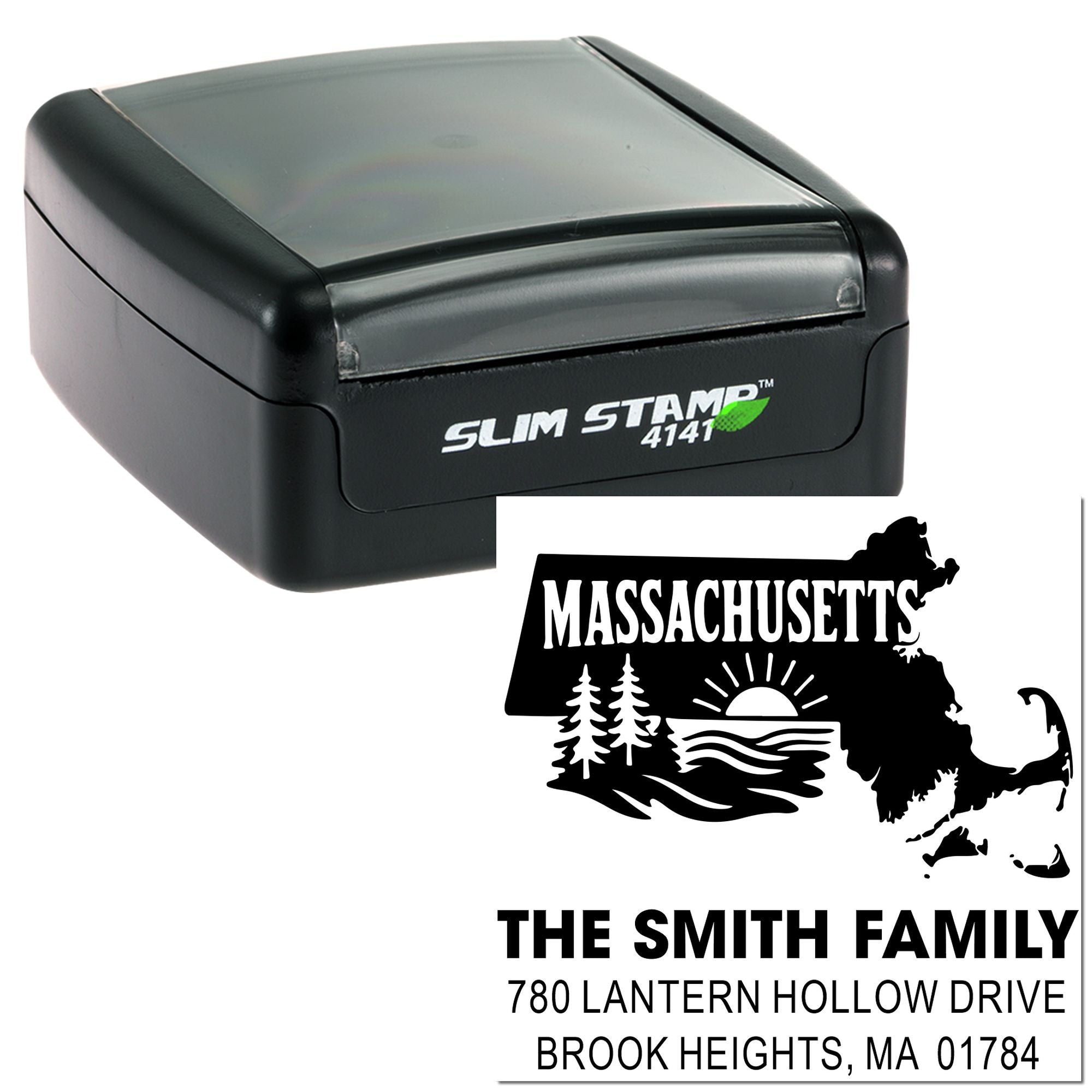 Custom slim return address rubber stamp with Massachusetts design, The Smith Family name, and Brook Heights, MA address.