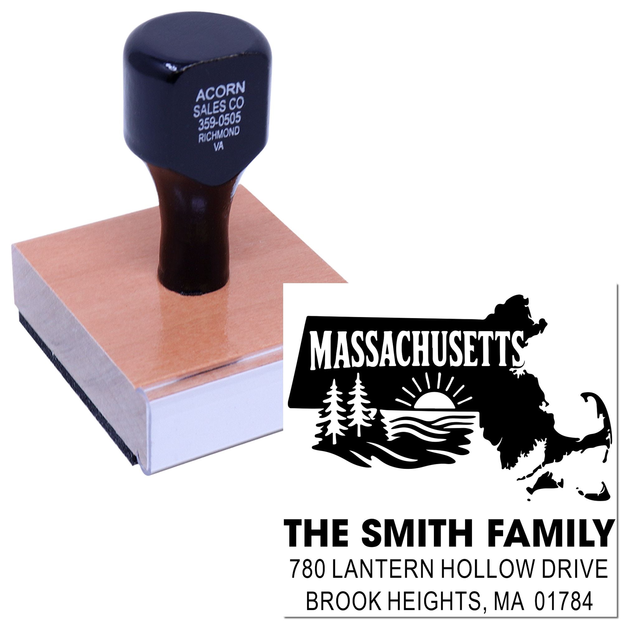 Custom rubber return address stamp with Massachusetts family design for personalized mailings and branding.