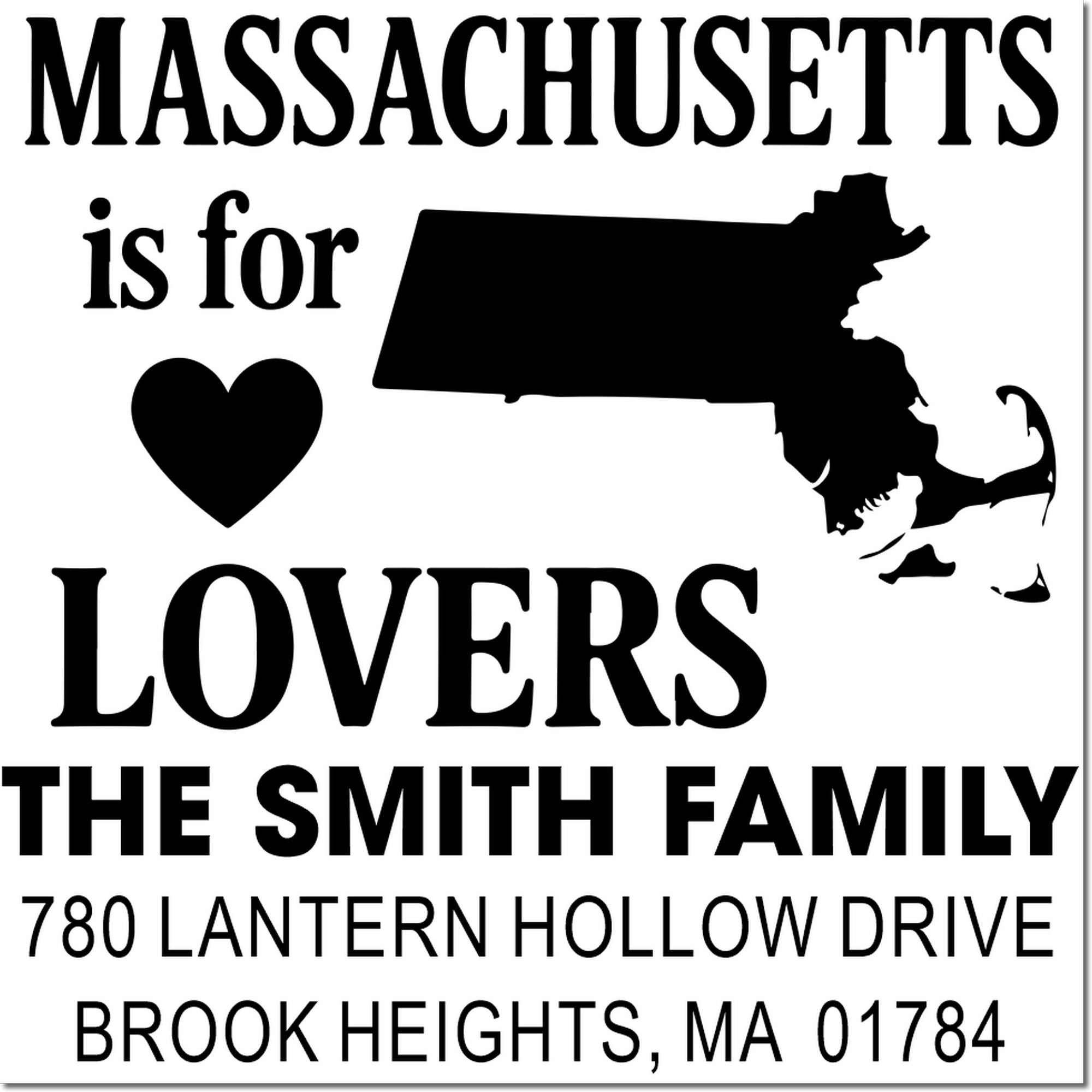 Massachusetts is for Lovers personalized address rubber stamp with state silhouette and Brook Heights, MA return address