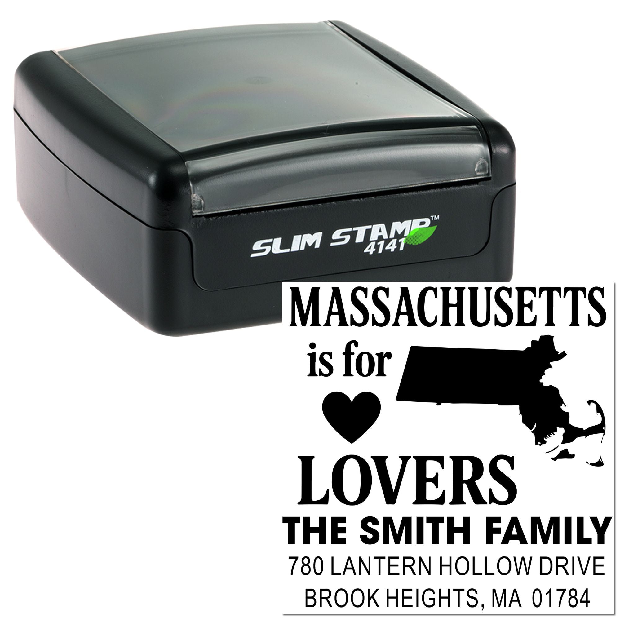 Self-inking Massachusetts return address rubber stamp with custom Massachusetts is for Lovers family design.