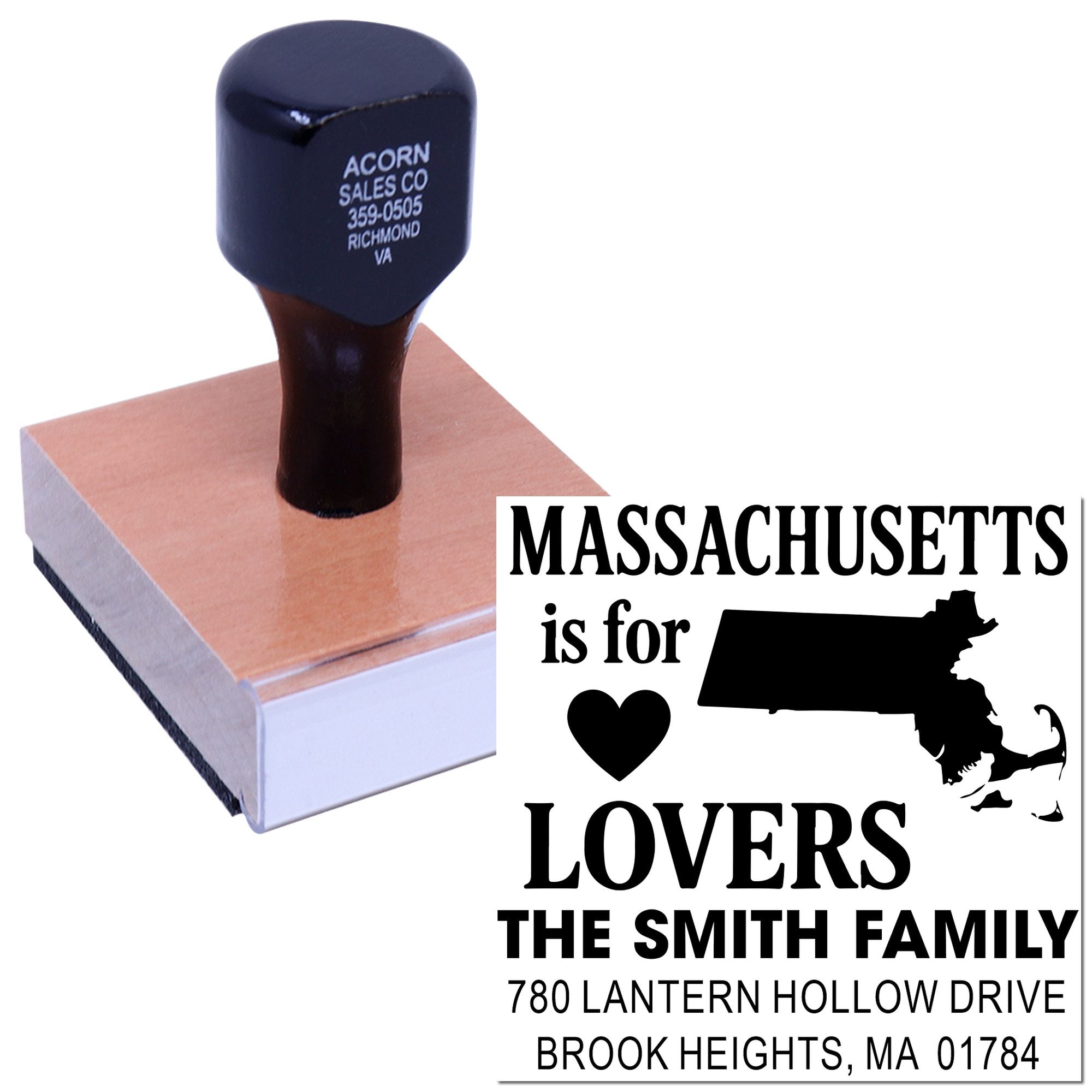Custom Massachusetts rubber stamp with Massachusetts is for Lovers design, family name, and address for personalized mail.