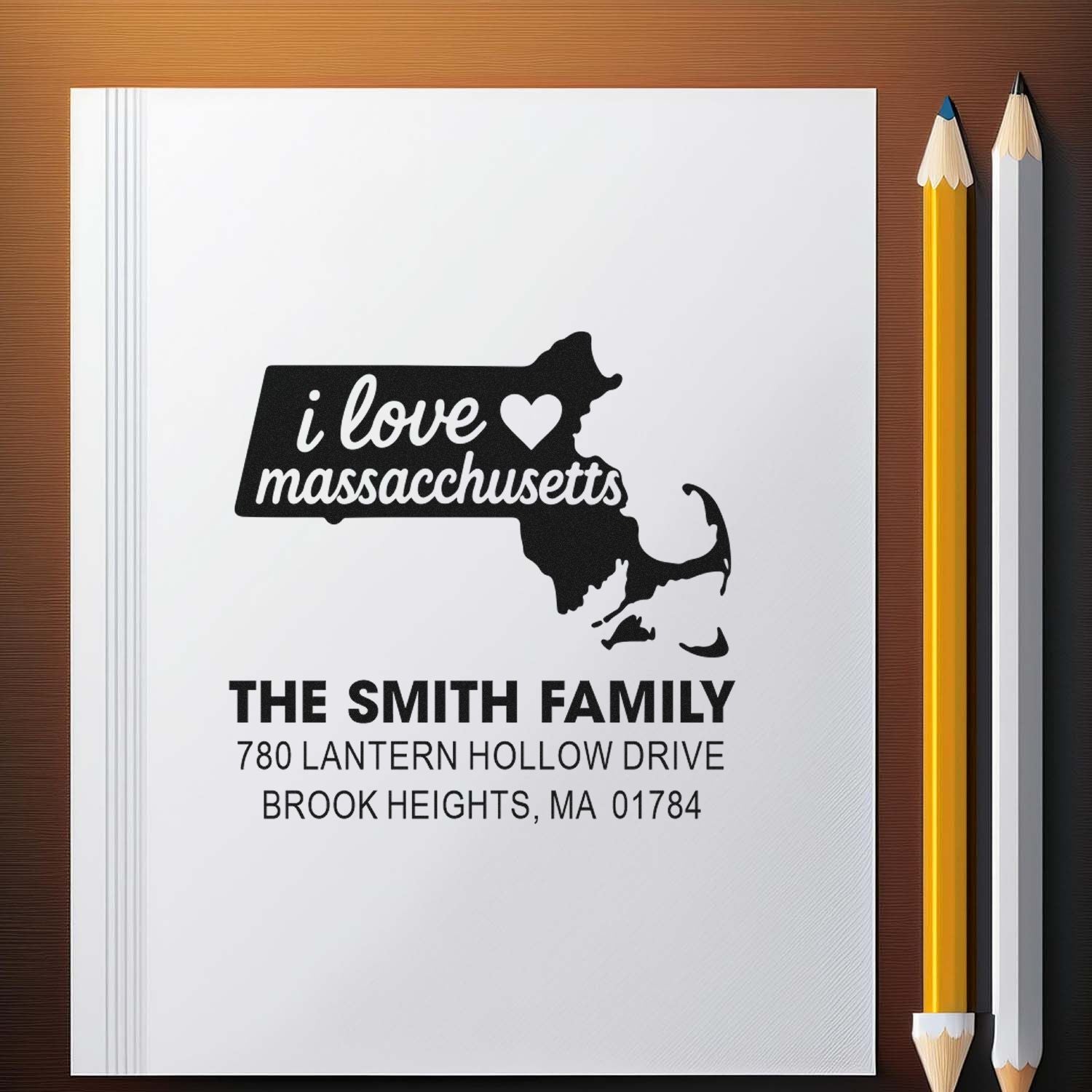 Personalized address rubber stamp design with Massachusetts state silhouette and I love Massachusetts text for the Smith family.