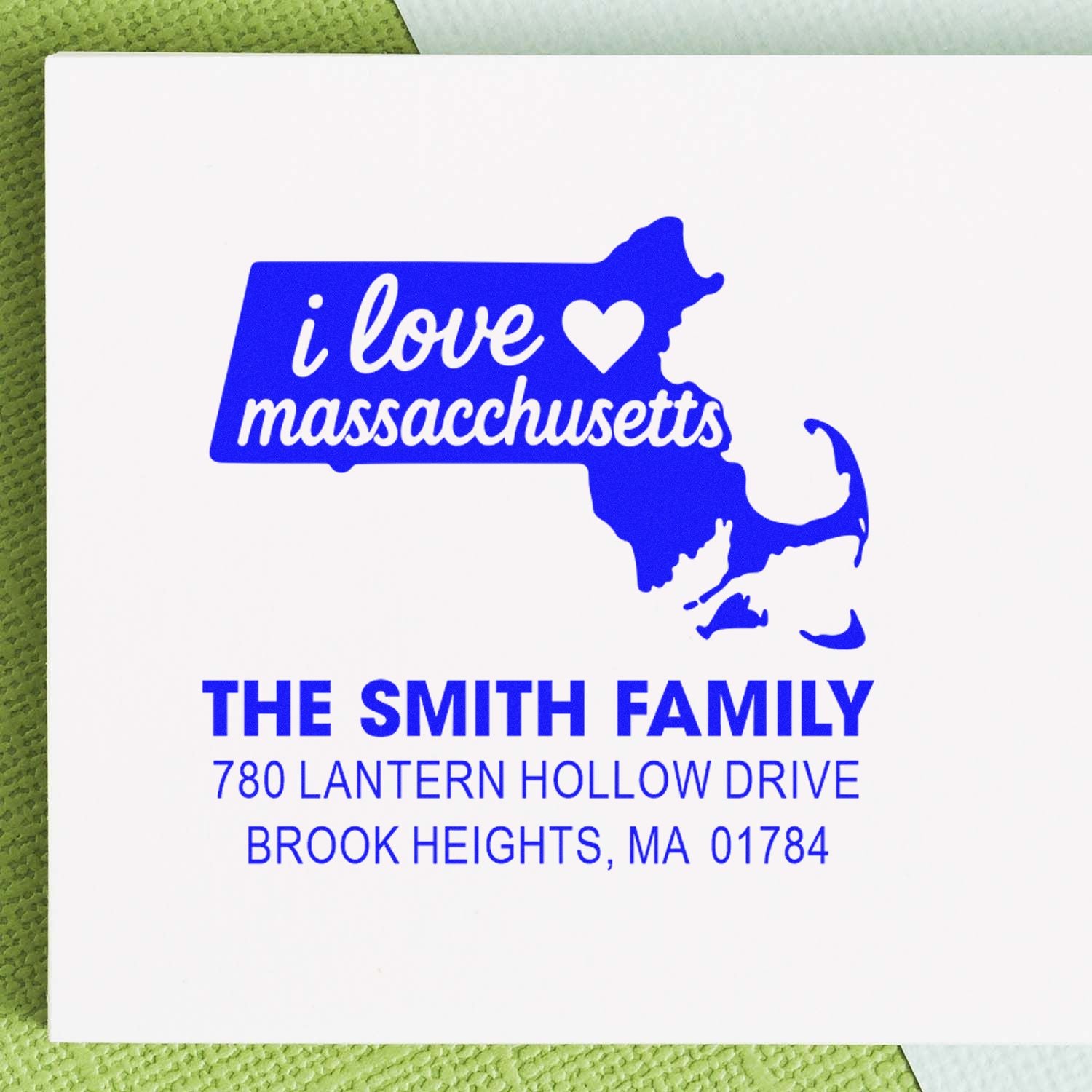 Custom Massachusetts return address rubber stamp with I love Massachusetts design, The Smith Family, Brook Heights, MA 01784.