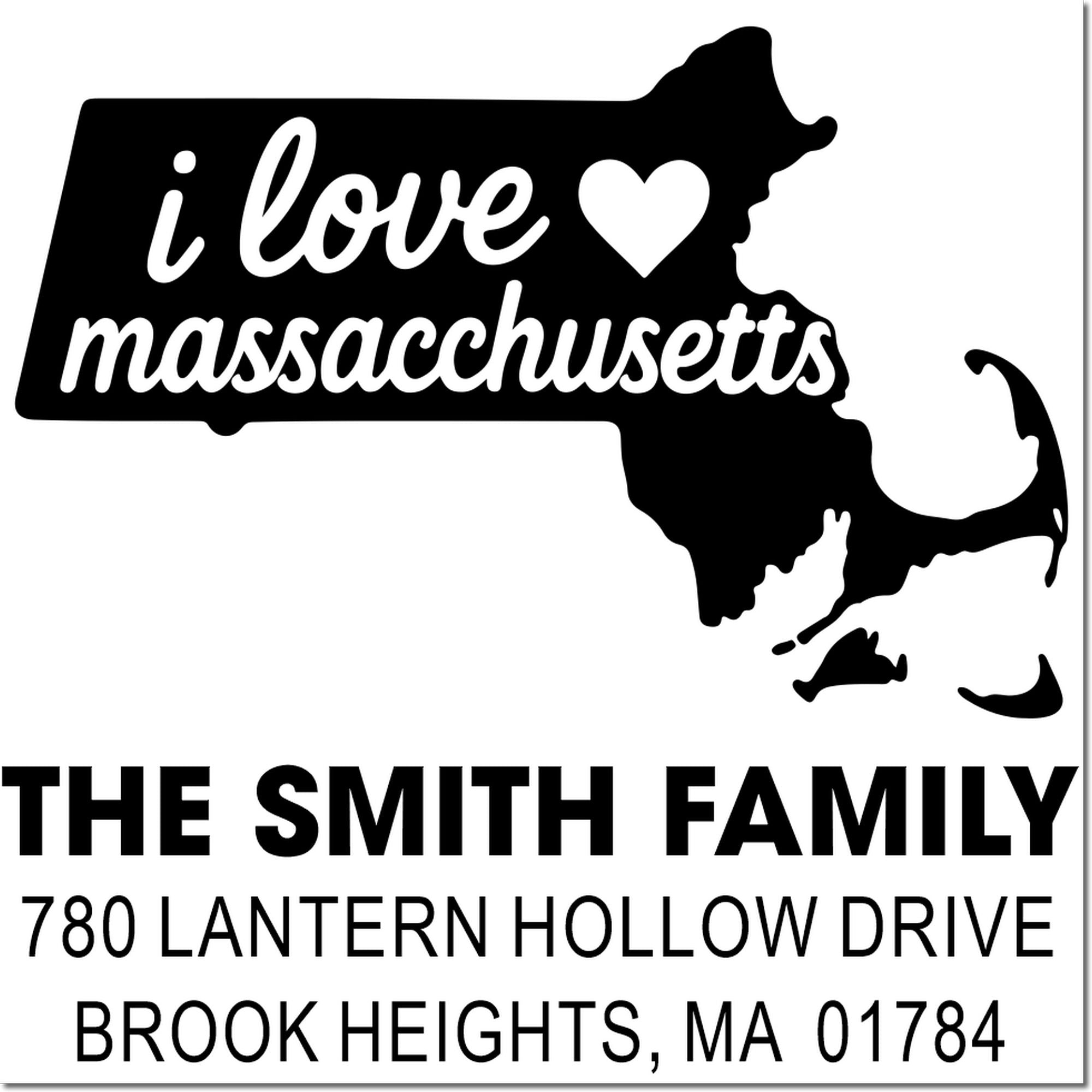 Custom Massachusetts return address rubber stamp design for The Smith Family, Brook Heights, MA 01784.