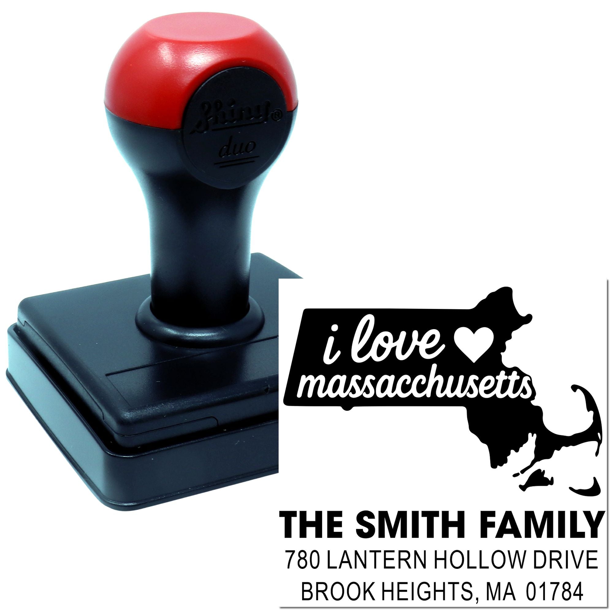 Self-inking personalized Massachusetts address rubber stamp with custom family name, city, ZIP, and I love Massachusetts design.