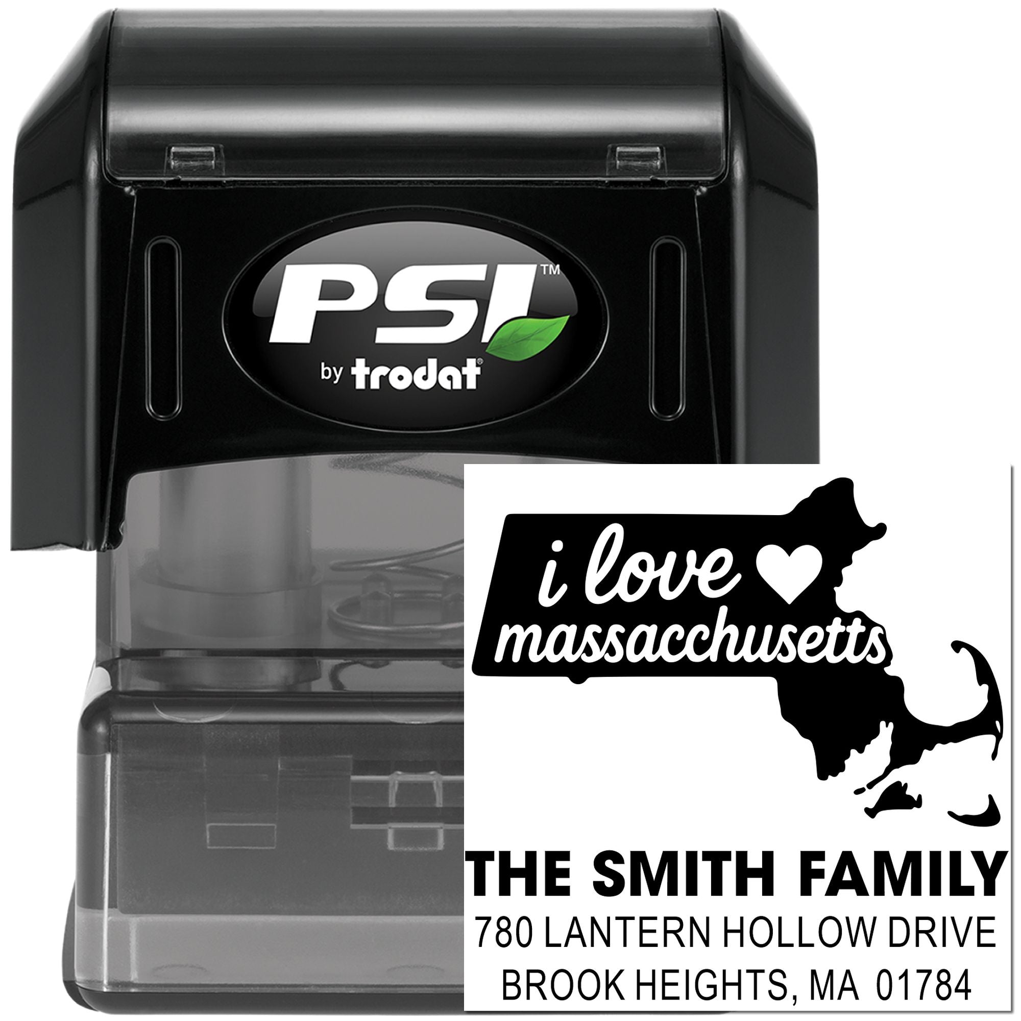 Custom self-inking return address stamp with Massachusetts state design, family name, and address for personalized mailing.