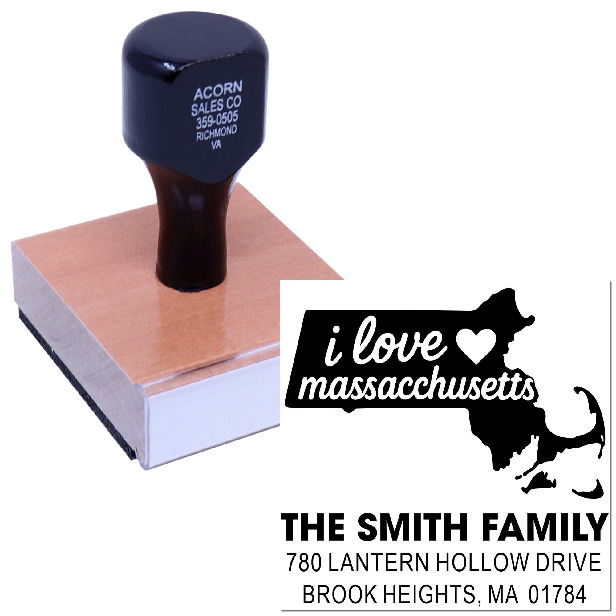 Custom rubber address stamp with personalized Massachusetts return address and family design for mailing.