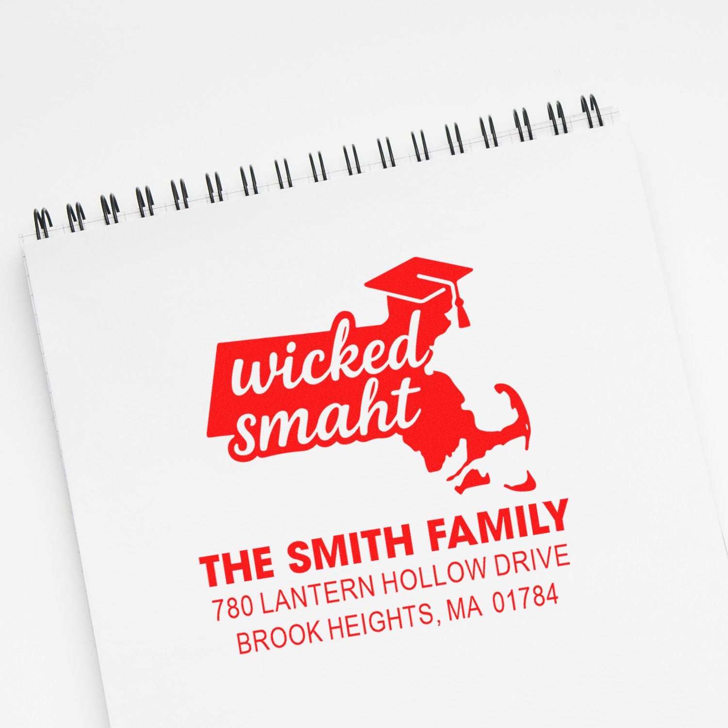 Custom Massachusetts address rubber stamp with Wicked Smaht design for The Smith Family return mail use