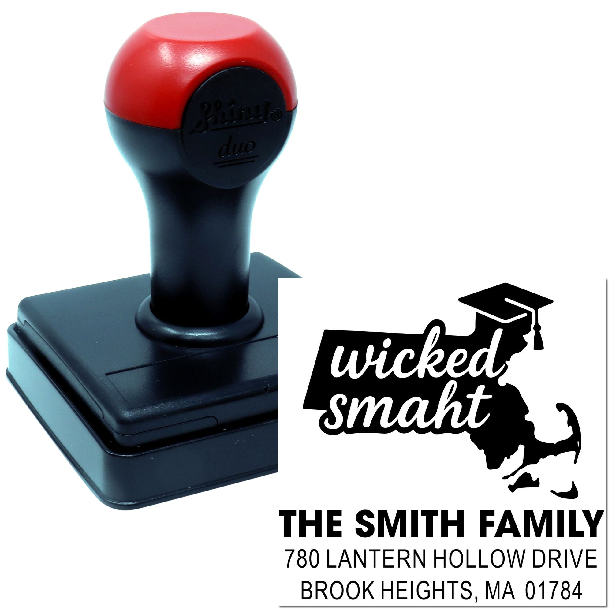 Custom self-inking rubber stamp for personalized return address and Wicked Smaht family design, Brook Heights, MA 01784