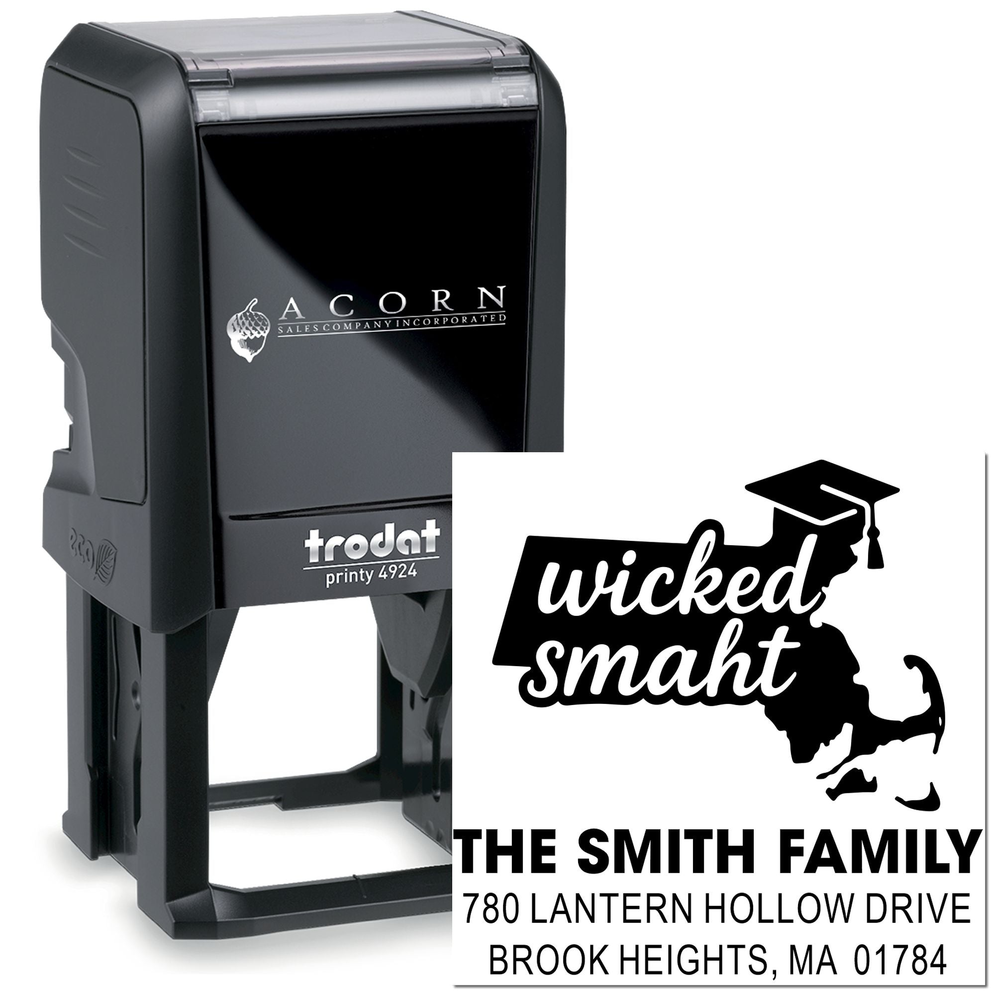 Custom self-inking rubber stamp with Wicked Smart design and Smith family return address in Brook Heights, MA 01784.