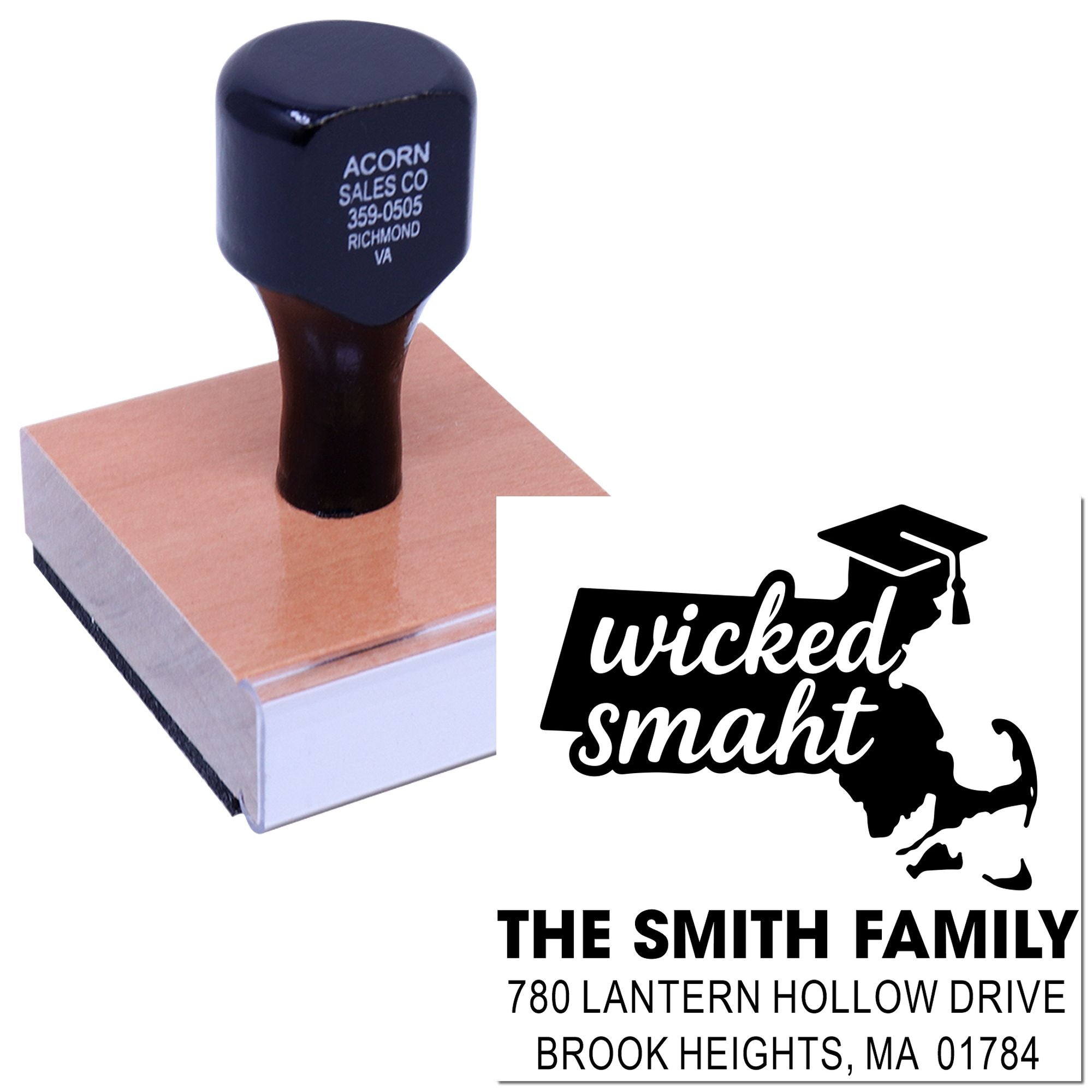 Custom Massachusetts return address rubber stamp with Wicked Smaht design for The Smith Family.