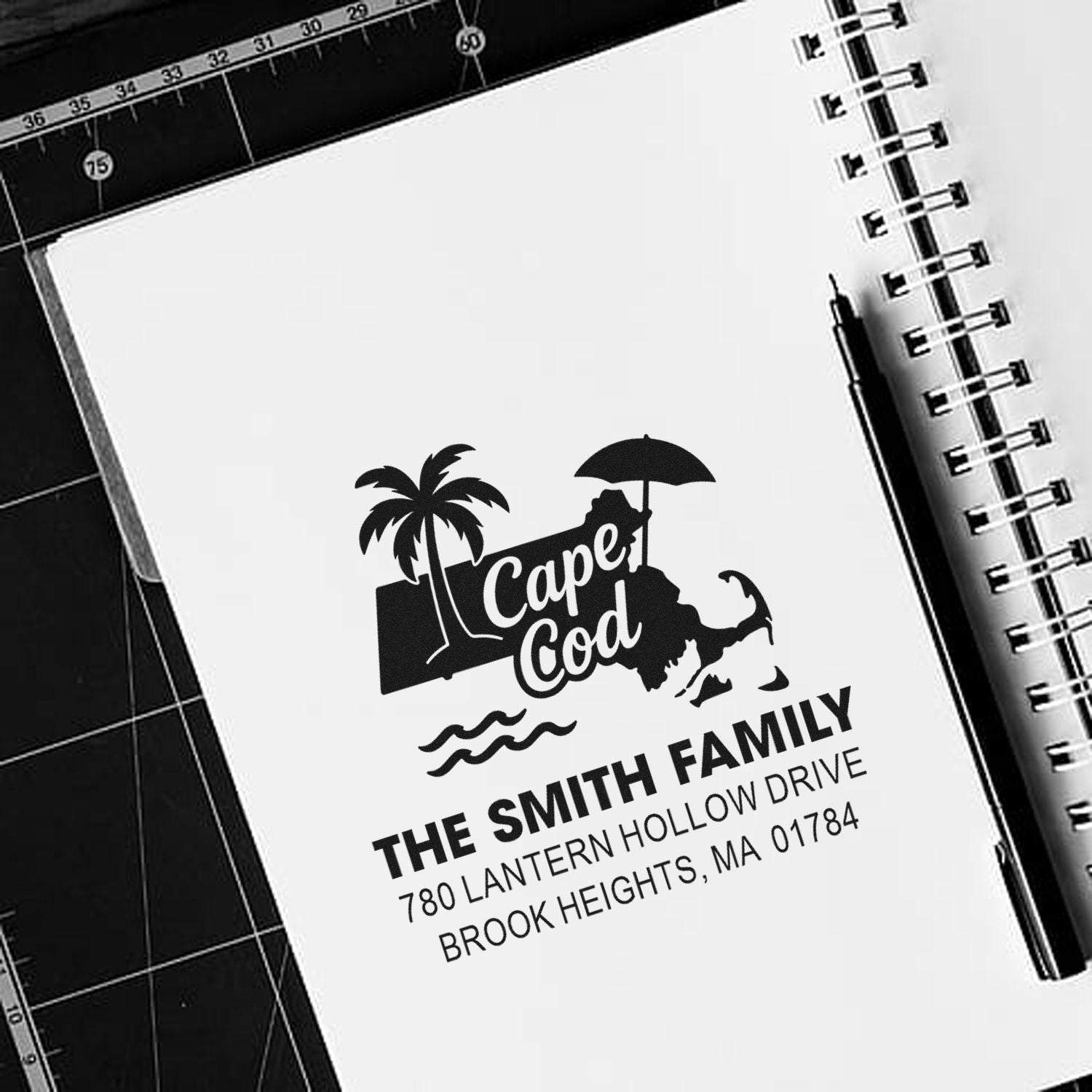 Custom Cape Cod family return address rubber stamp with palm tree design and personalized address