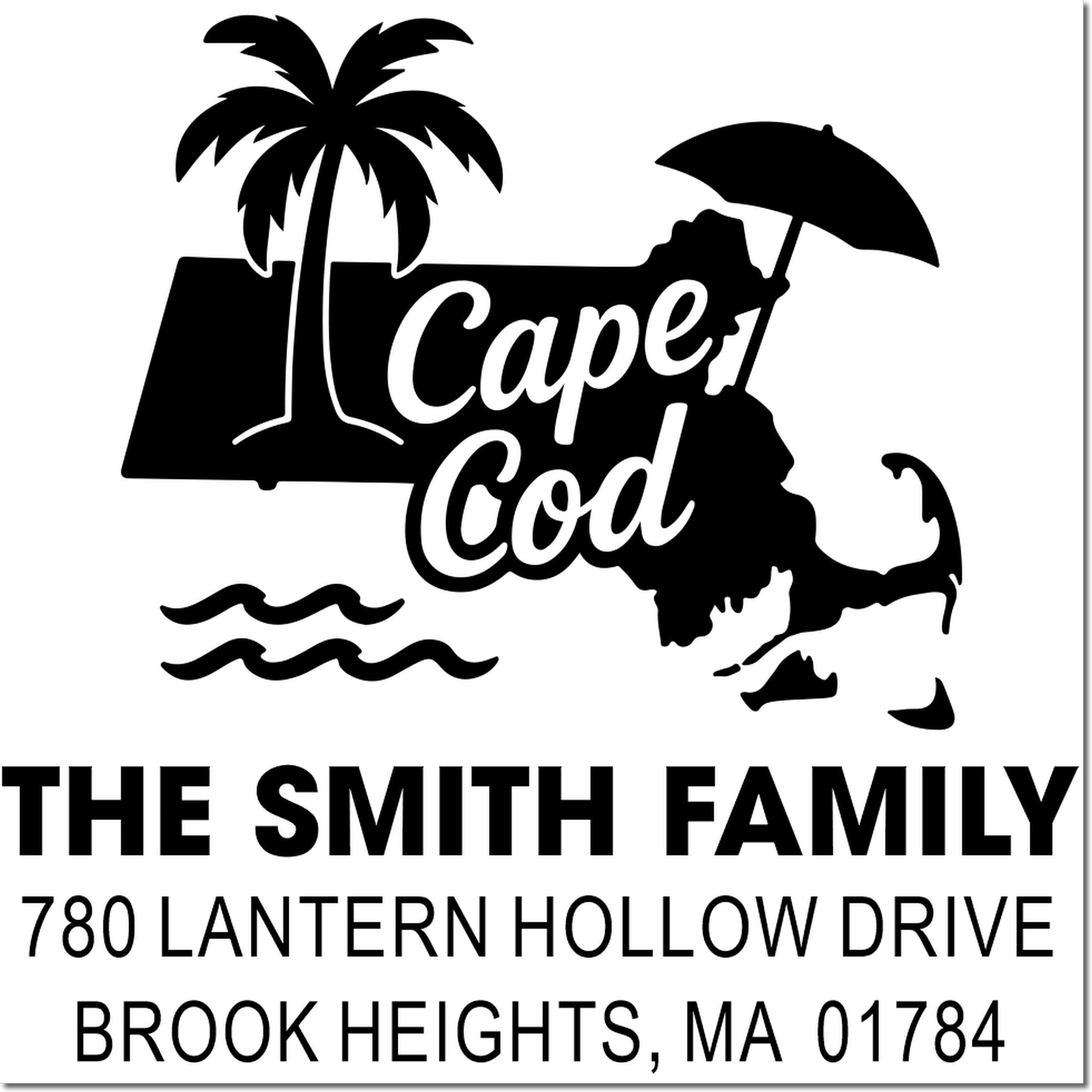 Cape Cod custom address rubber stamp with palm tree, waves, and Smith family name, Brook Heights, MA.