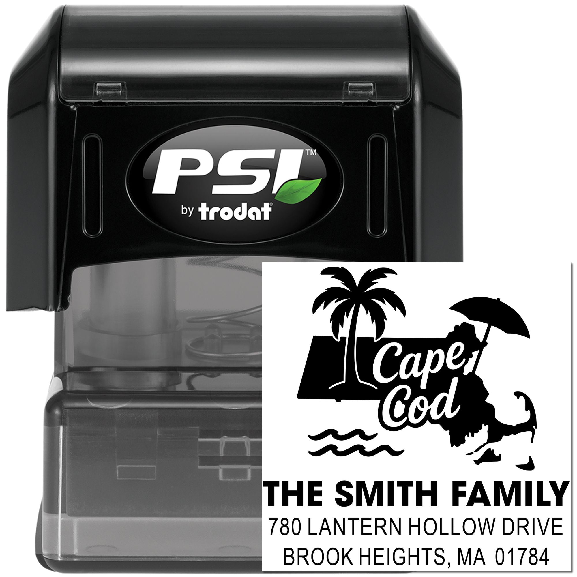 Custom Cape Cod family self-inking address rubber stamp by PSI Trodat for personalized mail with palm tree design.