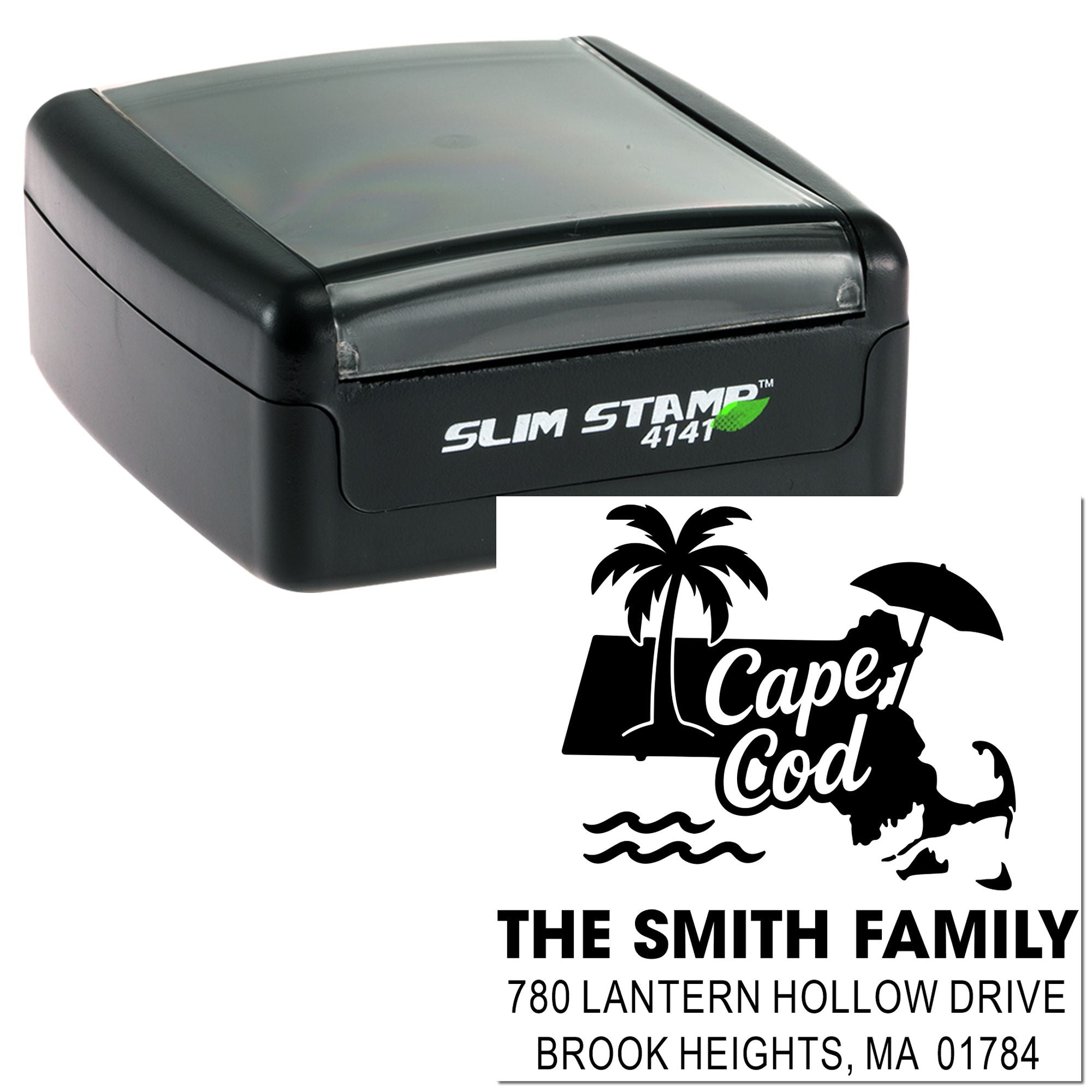 Custom self-inking rubber stamp with Cape Cod family address design for personalized mailing.