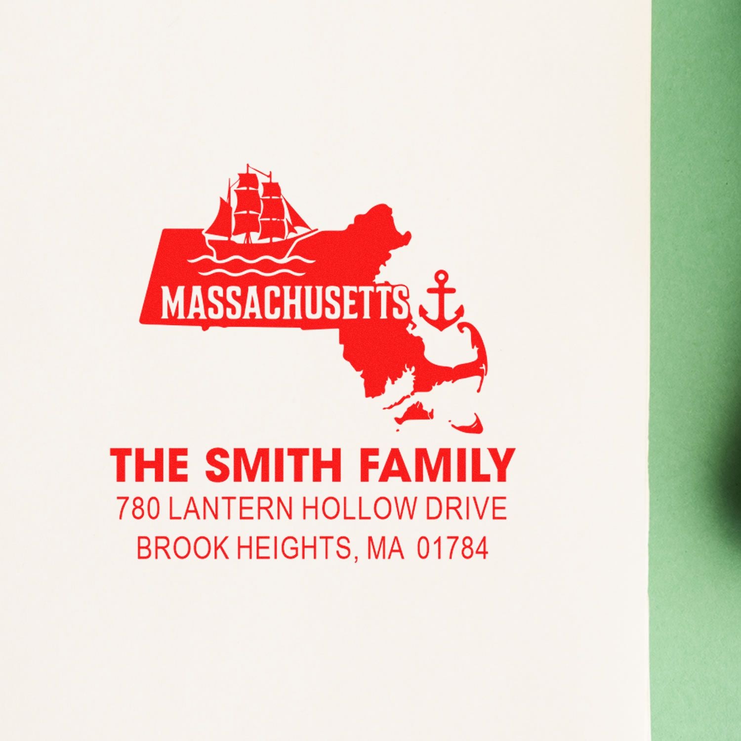 Personalized Massachusetts return address rubber stamp for The Smith Family with sailboat and anchor design.