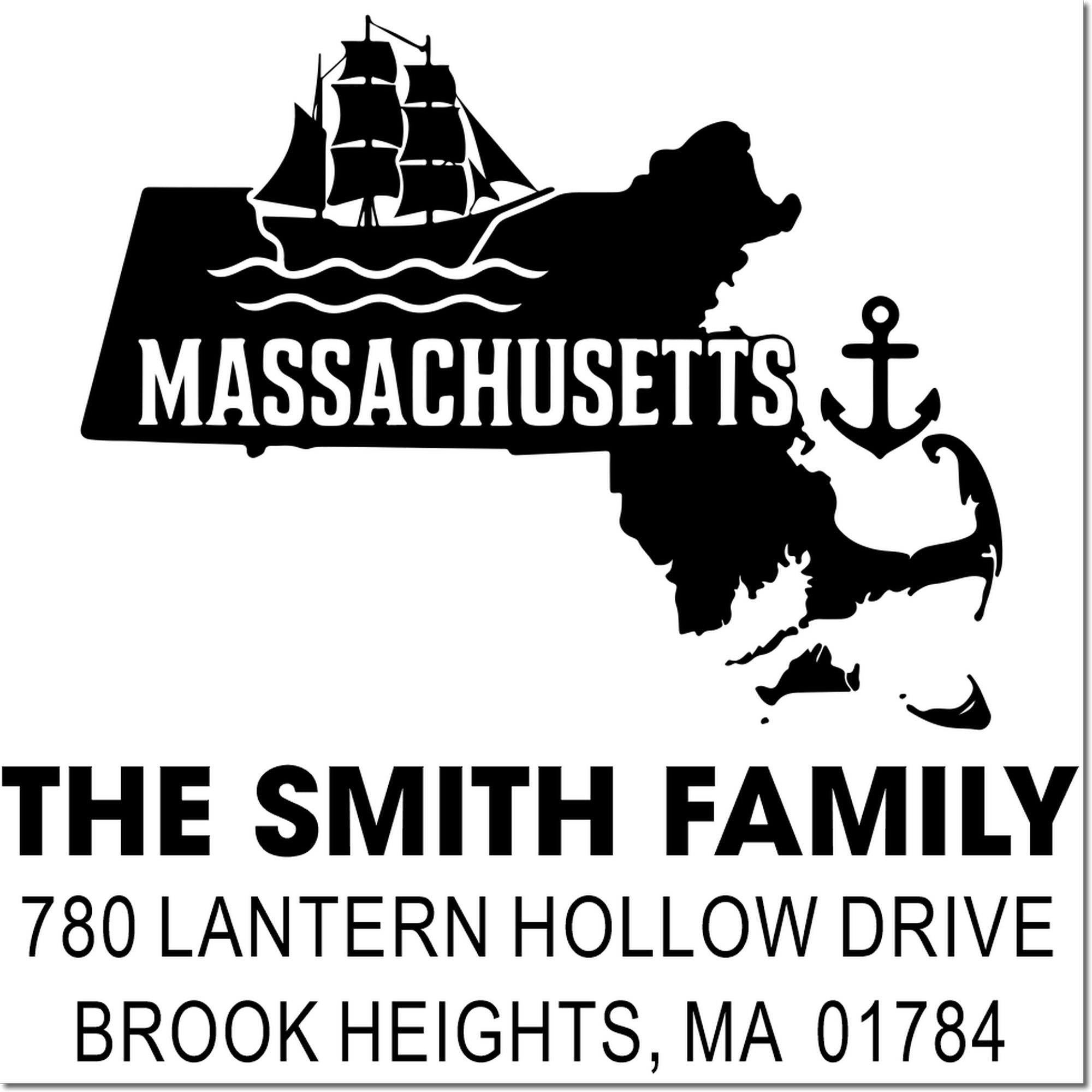 Personalized Massachusetts return address rubber stamp for The Smith Family, featuring nautical map art and Brook Heights, MA.